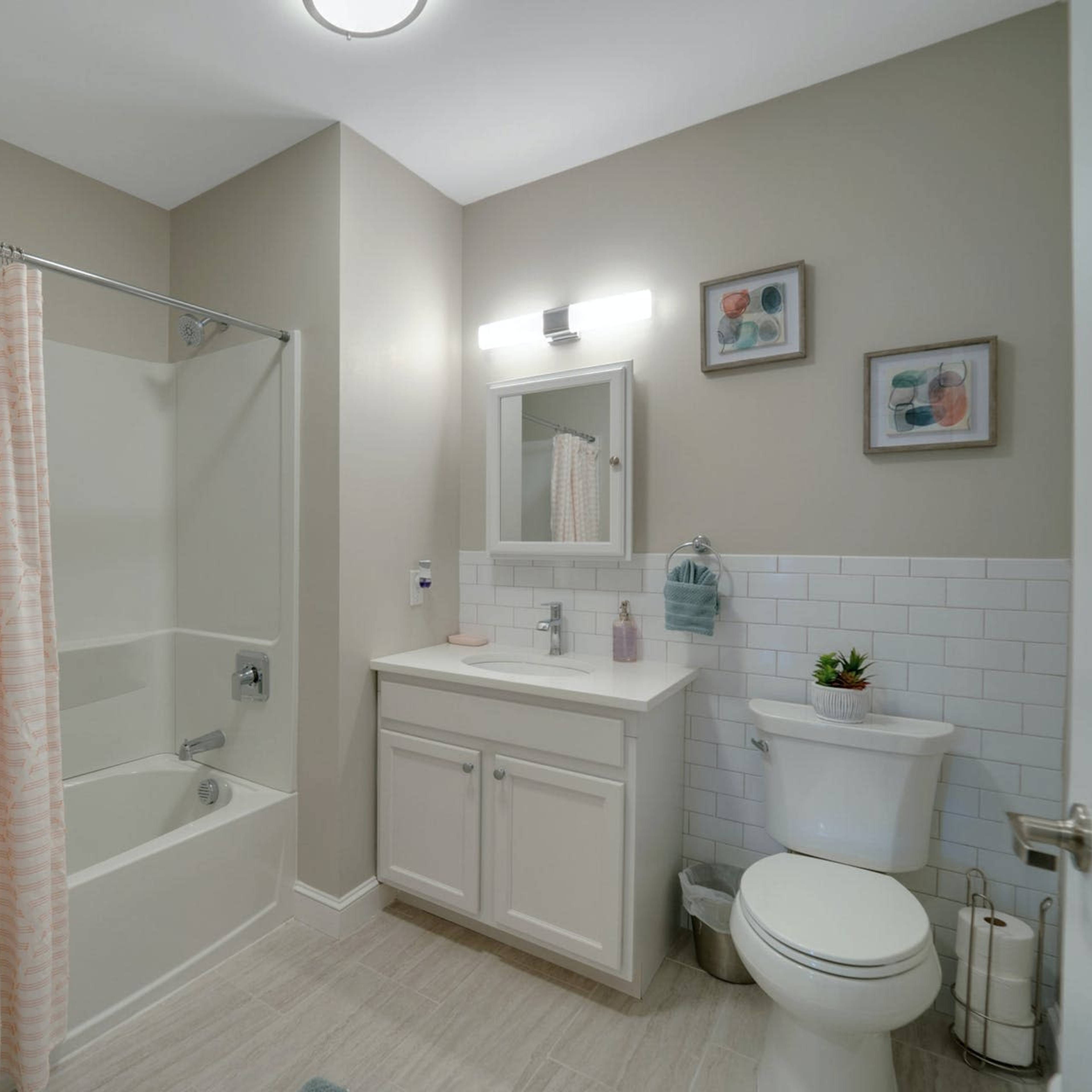 A modern bathroom featuring a bathtub with a shower curtain, a vanity with a mirror, a toilet, and decorative wall art.
