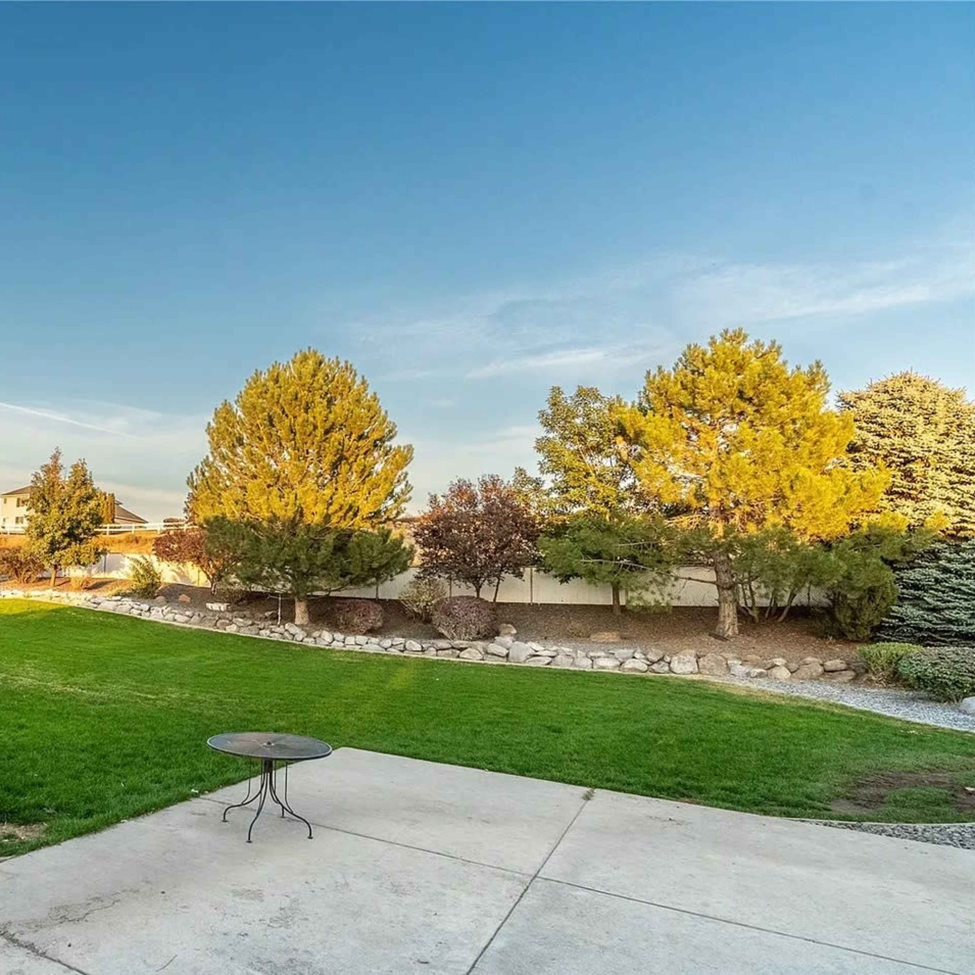 A spacious, green backyard with a concrete patio and various trees along the perimeter.