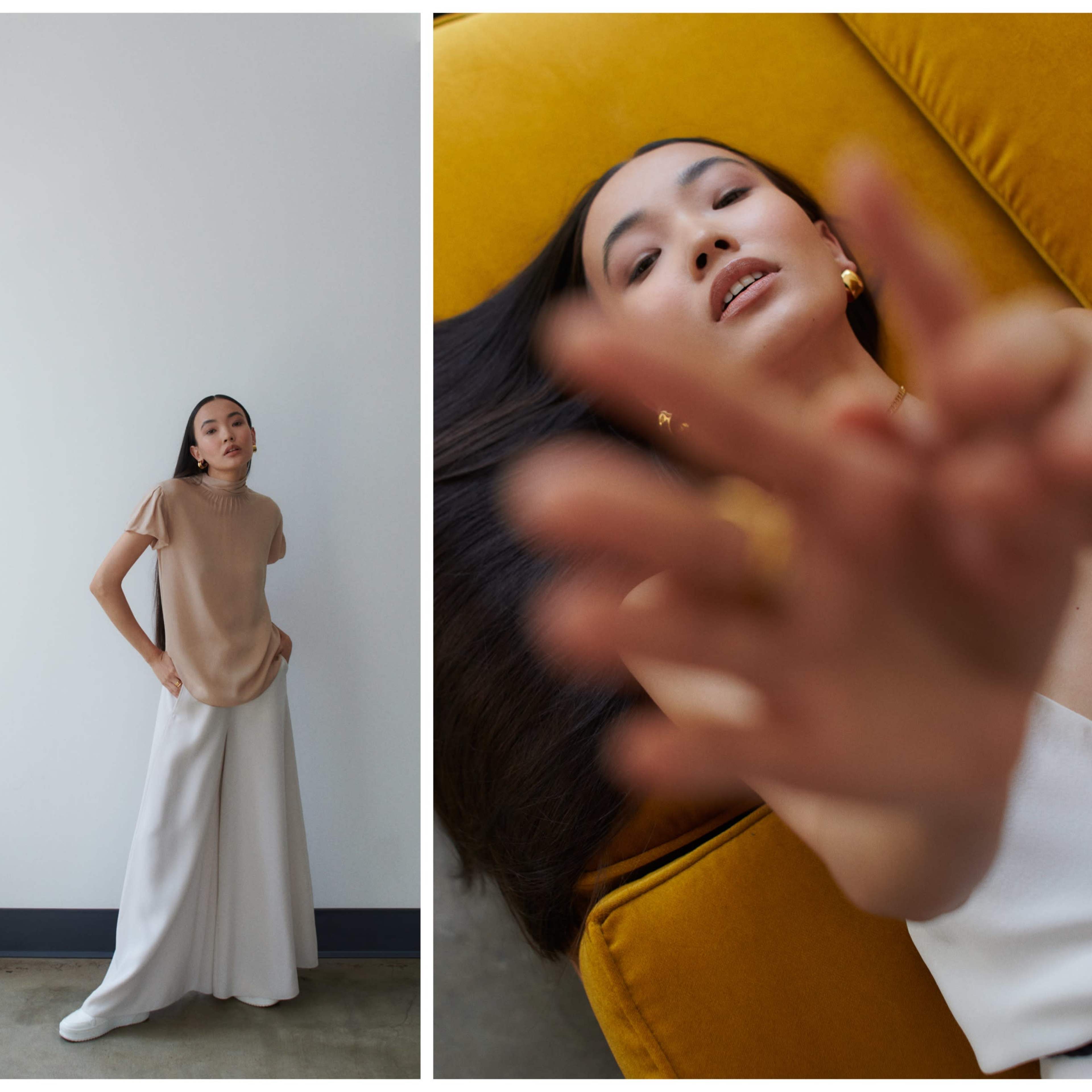 A woman posing in two different shots: one in a beige top and white pants standing against a wall, and the other lying on a yellow couch with her hand reaching toward the camera.