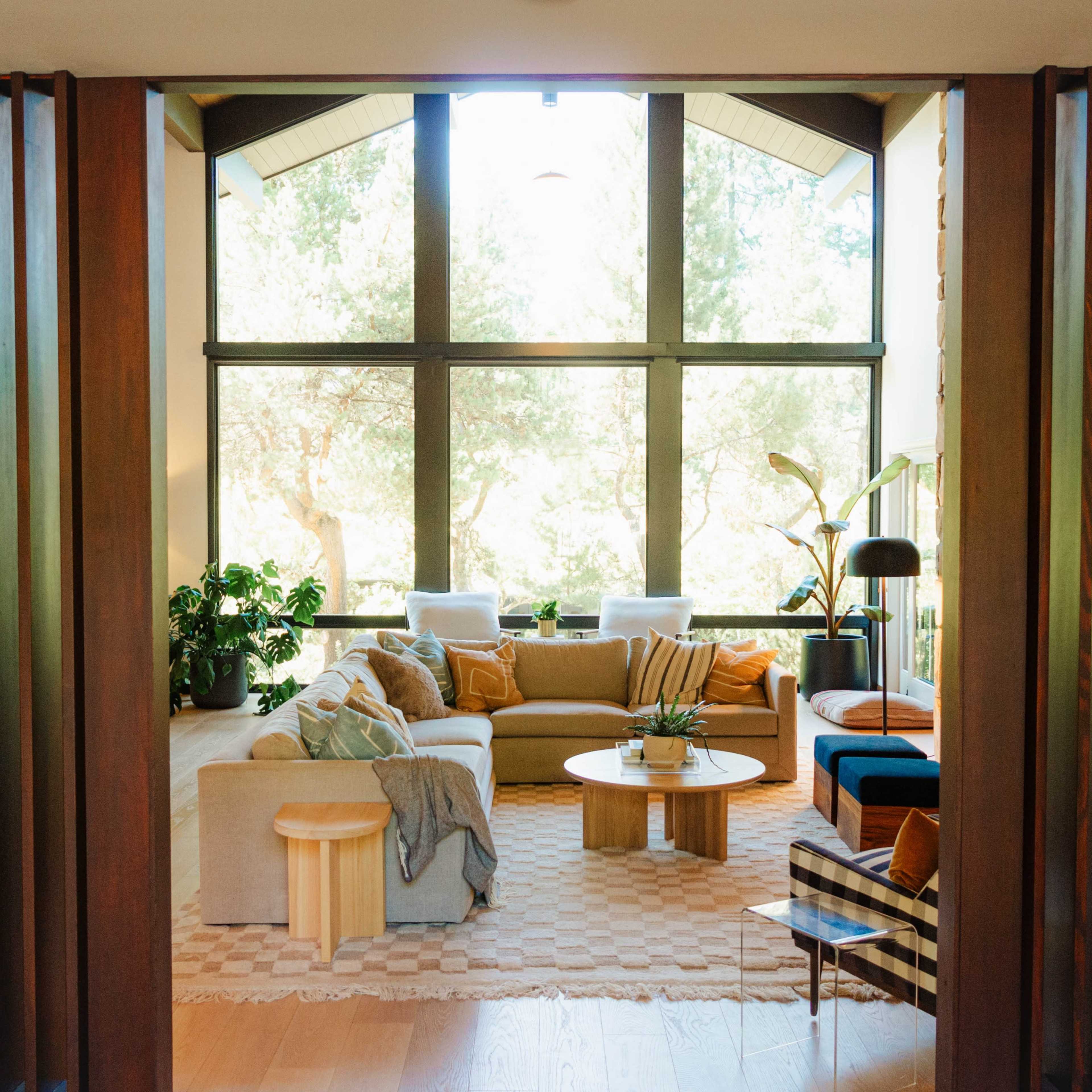 A modern living room with large windows, a comfortable sofa, a round coffee table, and various plants in a sunlit setting.