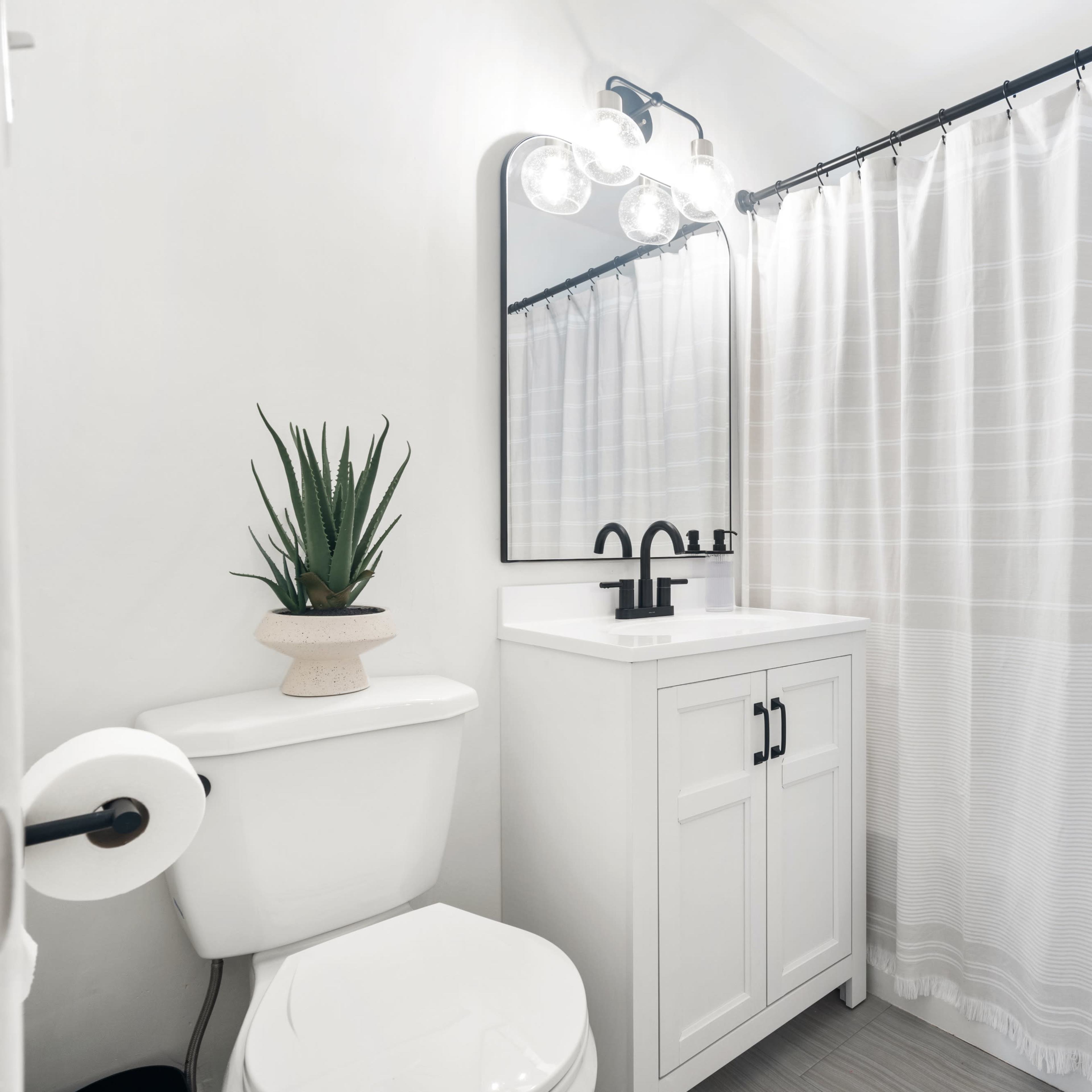 A small bathroom featuring a white cabinet sink, a mirror, a shower curtain, a toilet, and a potted plant.