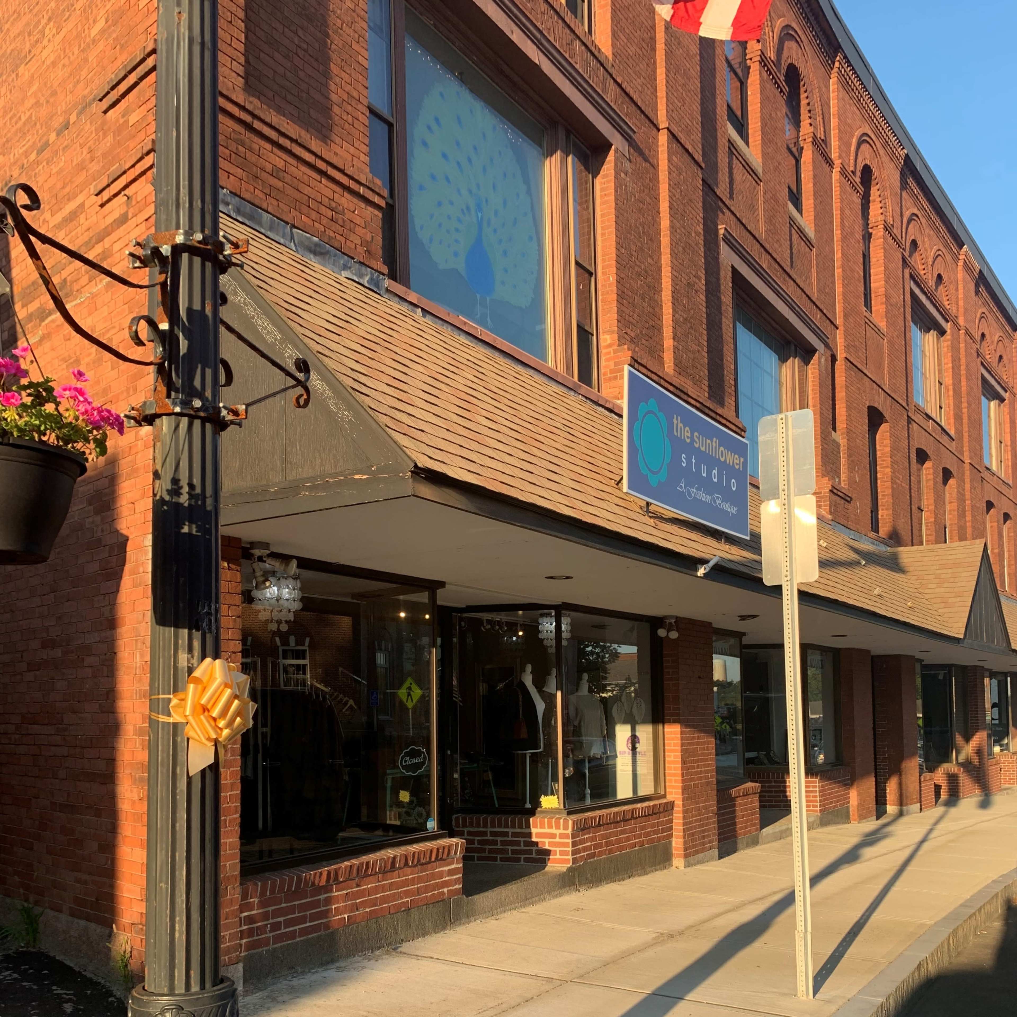 A brick building with a store front displaying a sign for "the Blue Tower Studio" and a planted flower basket on a lamppost.