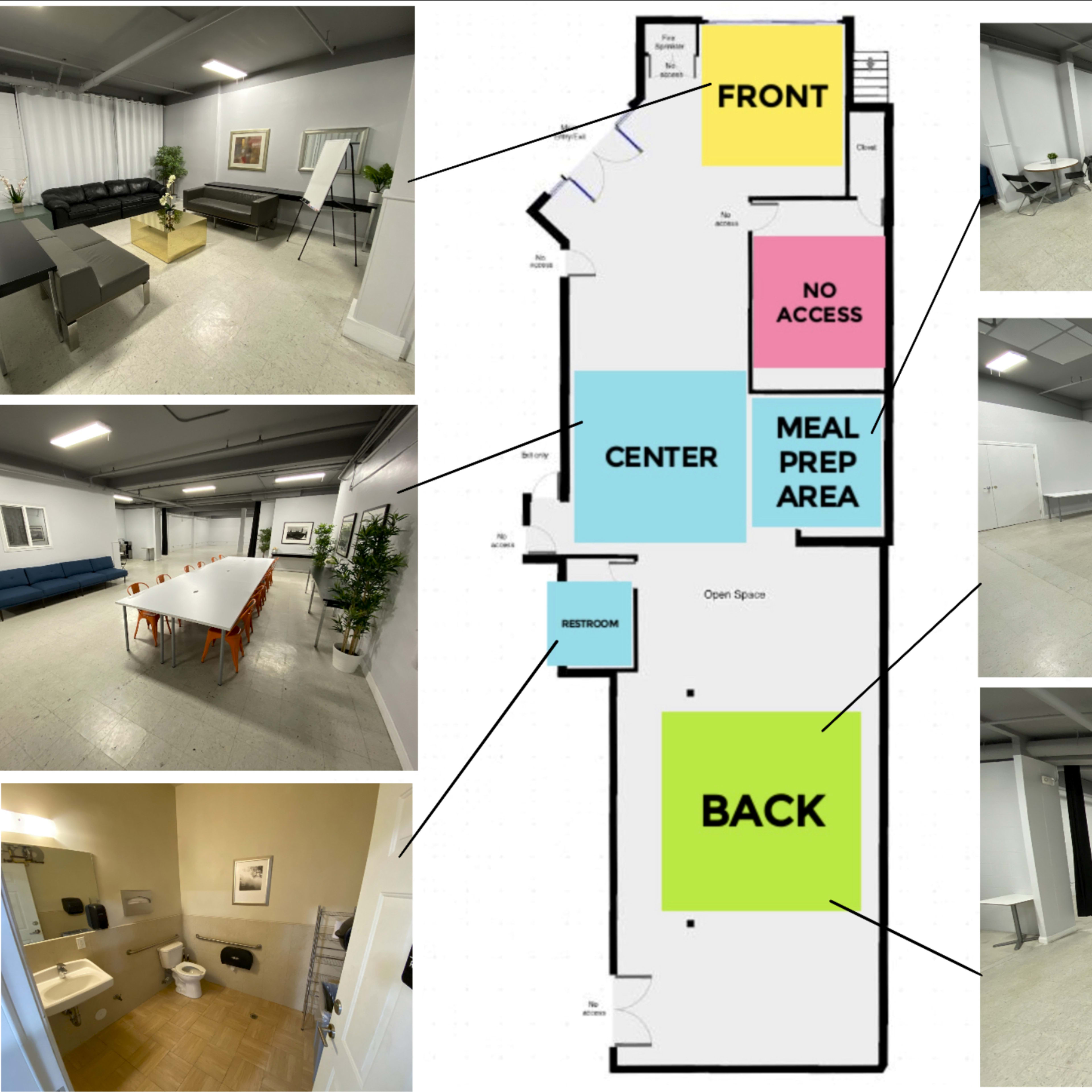 A floor plan of a facility, including labeled areas such as the front, center, back, meal prep area, and restroom, accompanied by various views of the interior space.