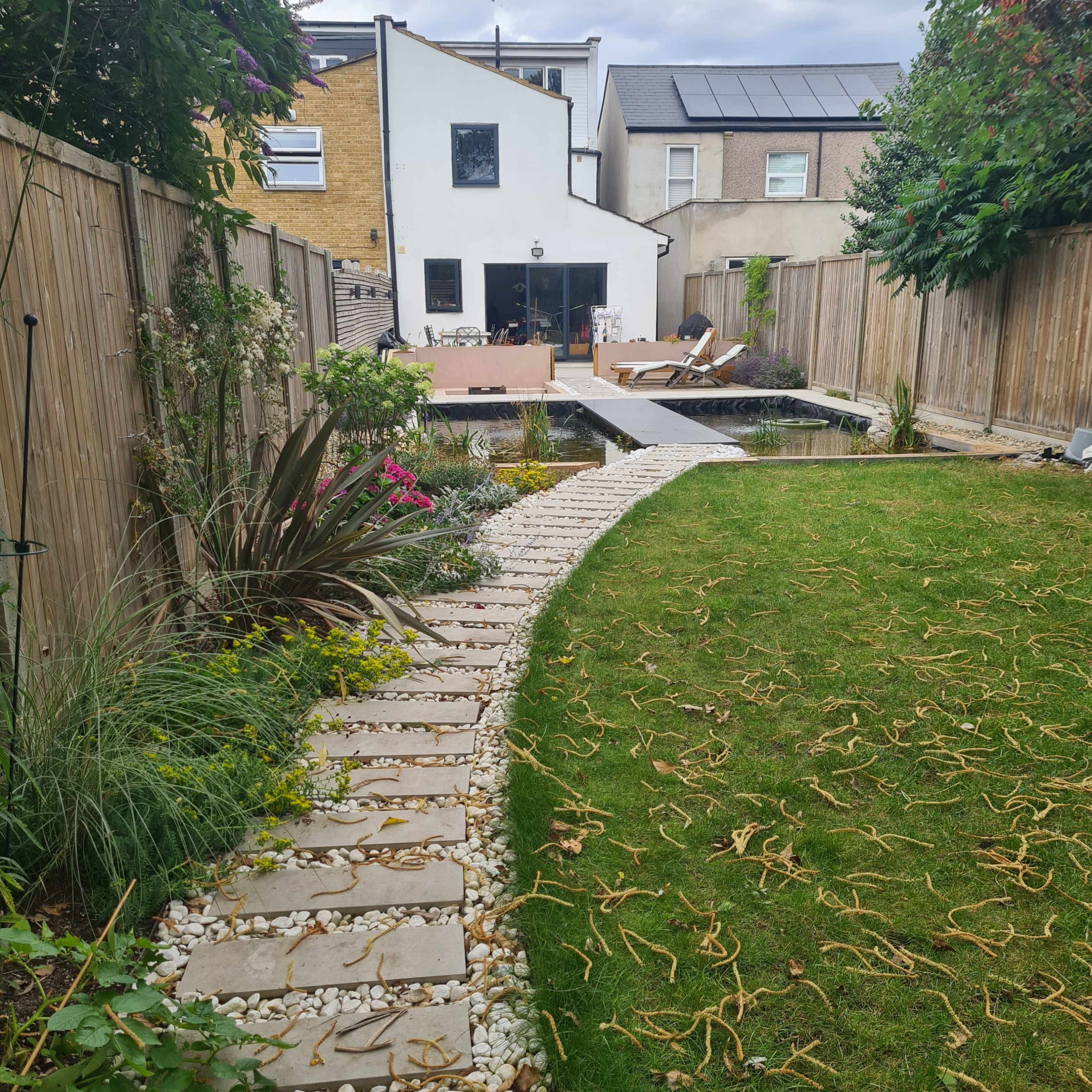 A stone path lined with gravel leads through a garden with grass and plants towards a house in the background.