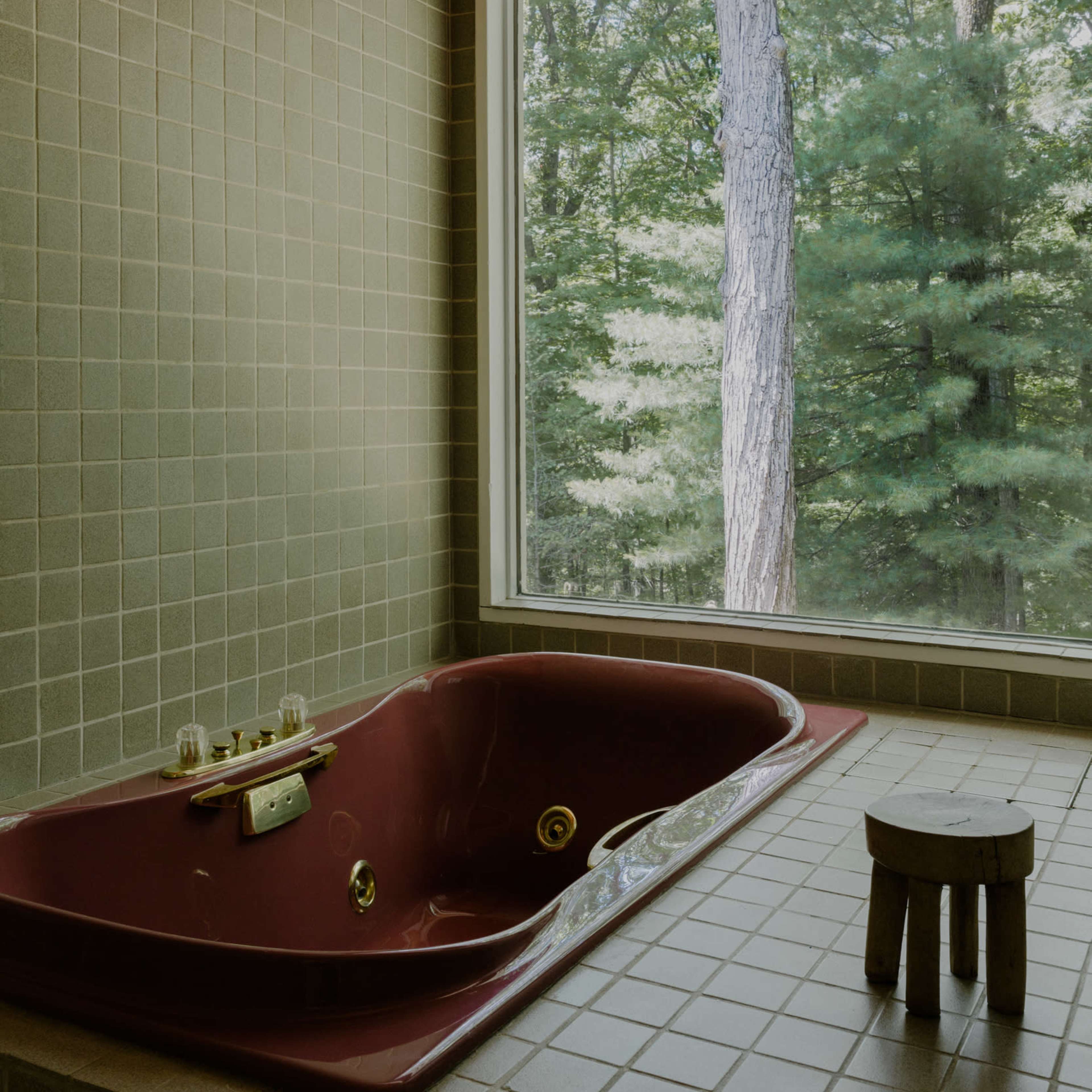 A pink bathtub is positioned near a large window overlooking a wooded area.