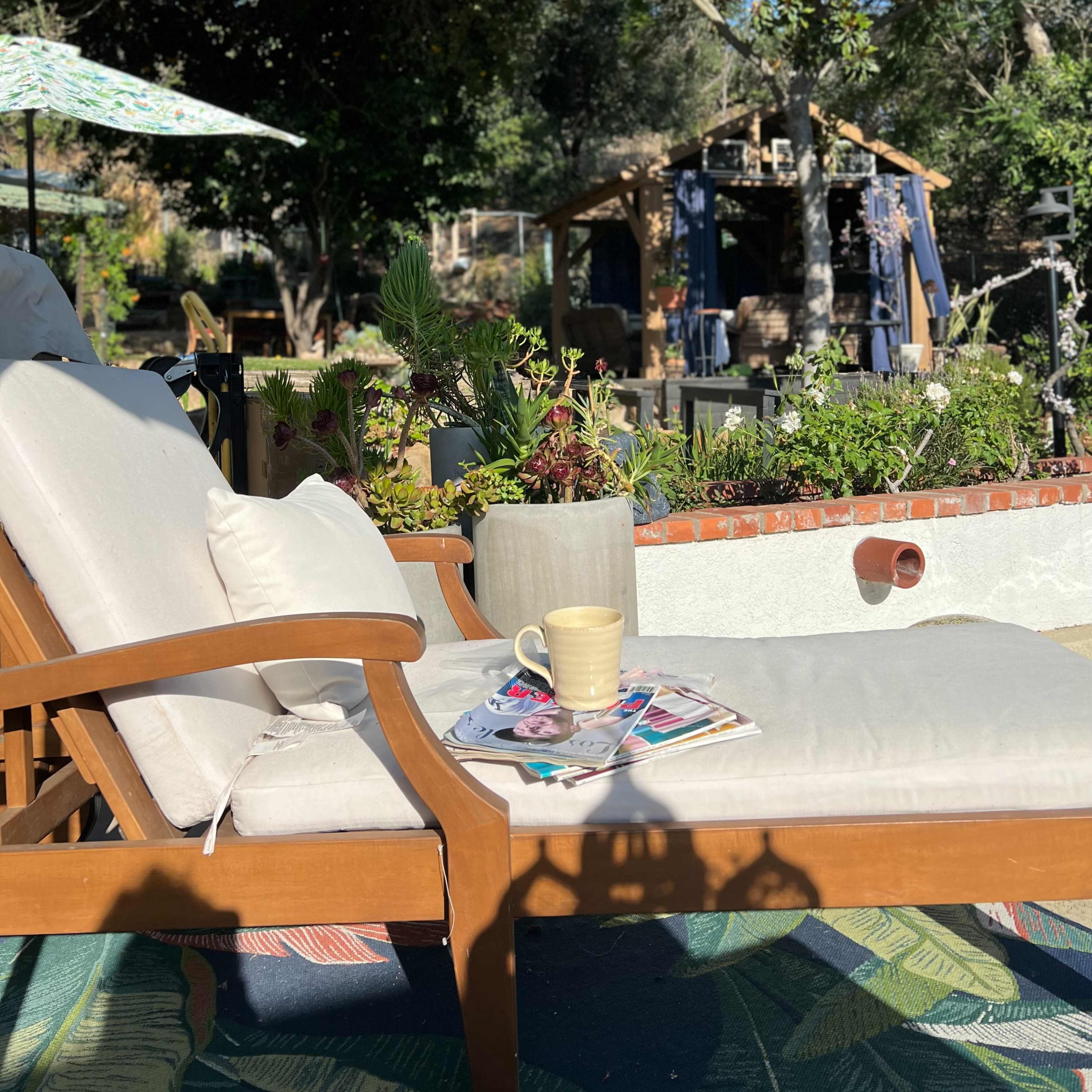 A wooden lounge chair with a light cushion holds a cup and a magazine, surrounded by greenery and outdoor structures.