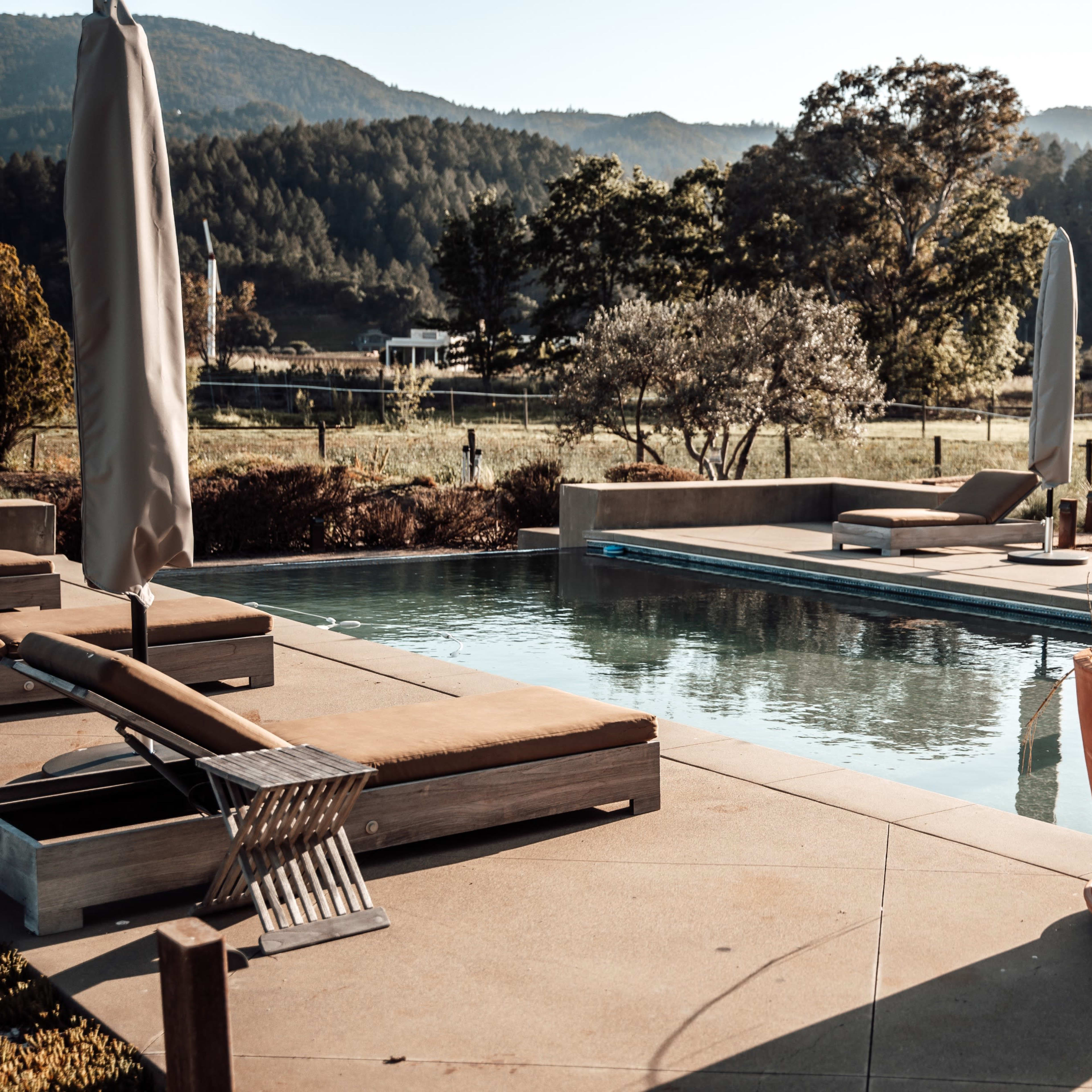A serene pool area features lounge chairs and large potted plants against a backdrop of mountains and greenery.
