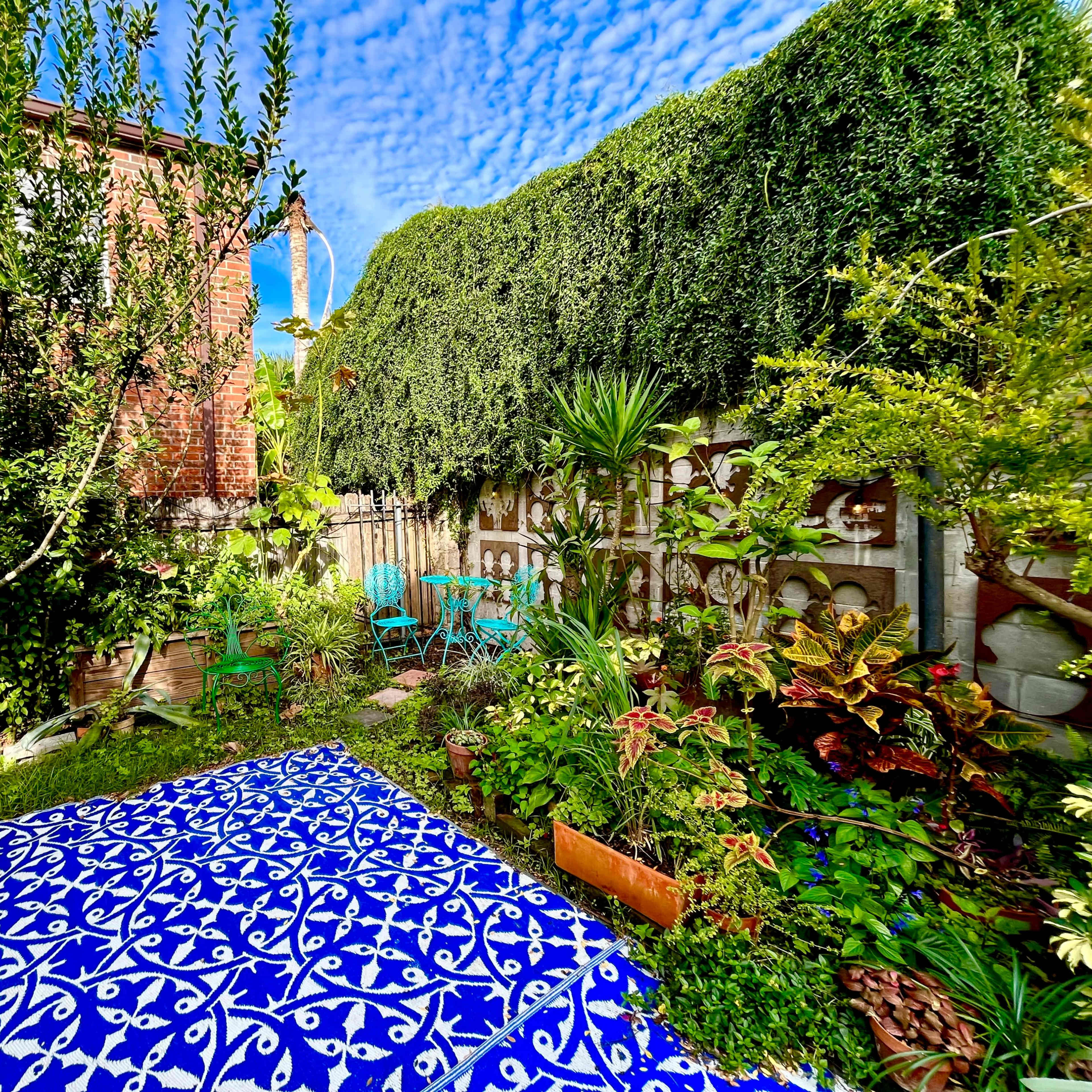 A vibrant garden scene features a blue patterned mat surrounded by various plants, potted greenery, and two teal chairs under a sky with scattered clouds.