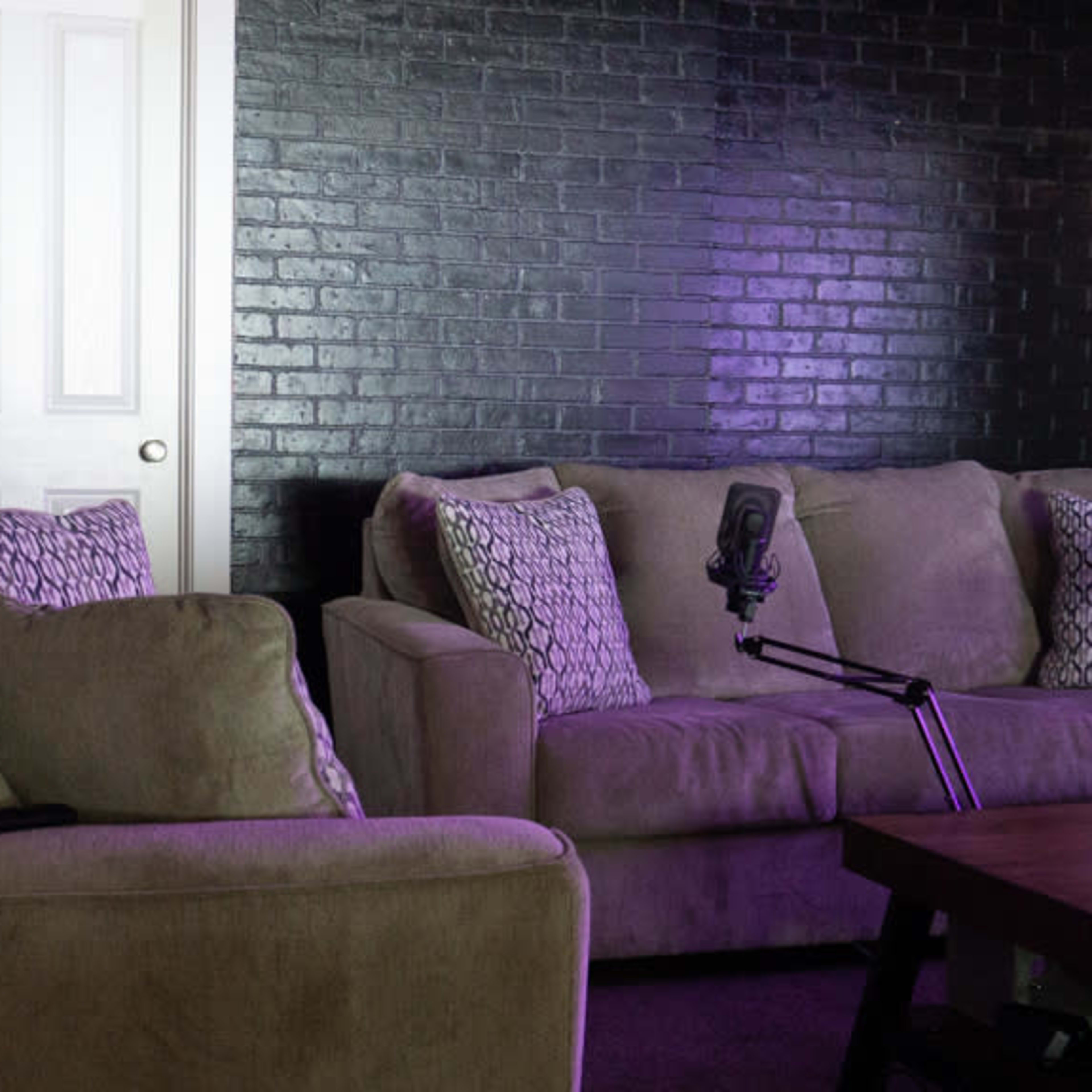 A living room features two beige sofas with decorative pillows, a wooden coffee table, and two microphones on stands, set against a dark brick wall and a closed white door.