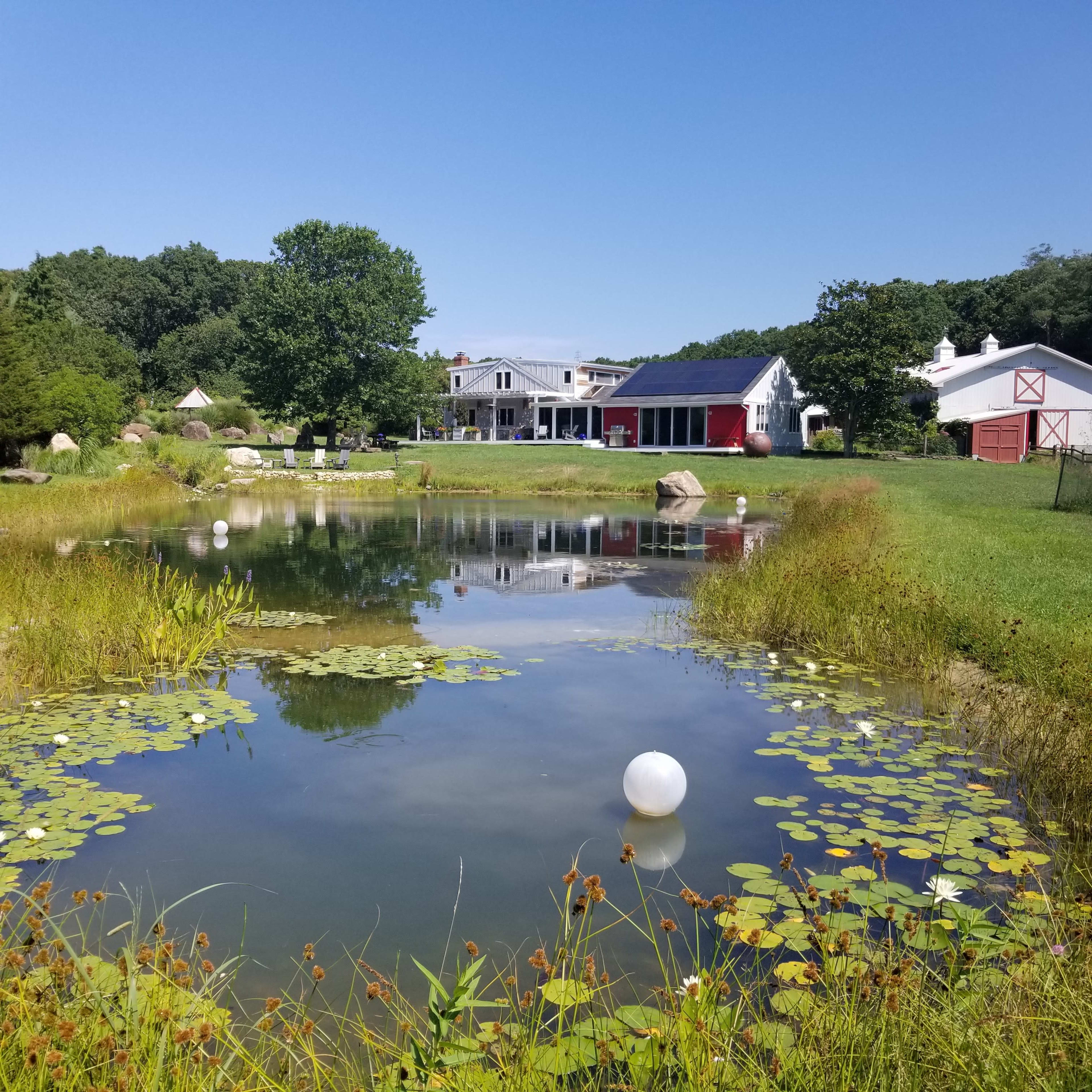 A serene pond with lily pads reflects a house featuring a solar panel, surrounded by greenery and outbuildings in the background.