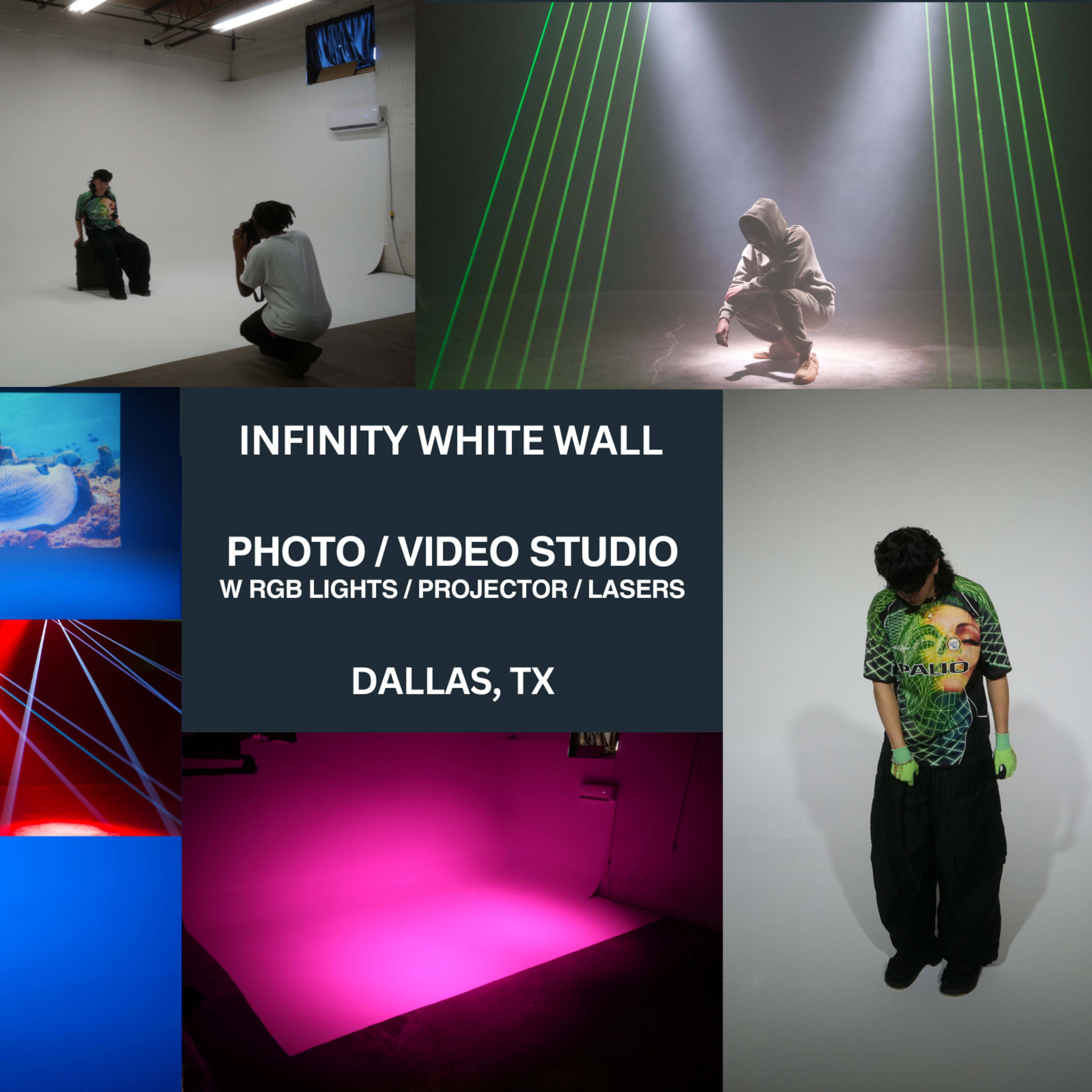 A photo/video studio in Dallas, TX, featuring an infinity white wall and various colorful lighting setups, including RGB lights, a projector, and lasers.