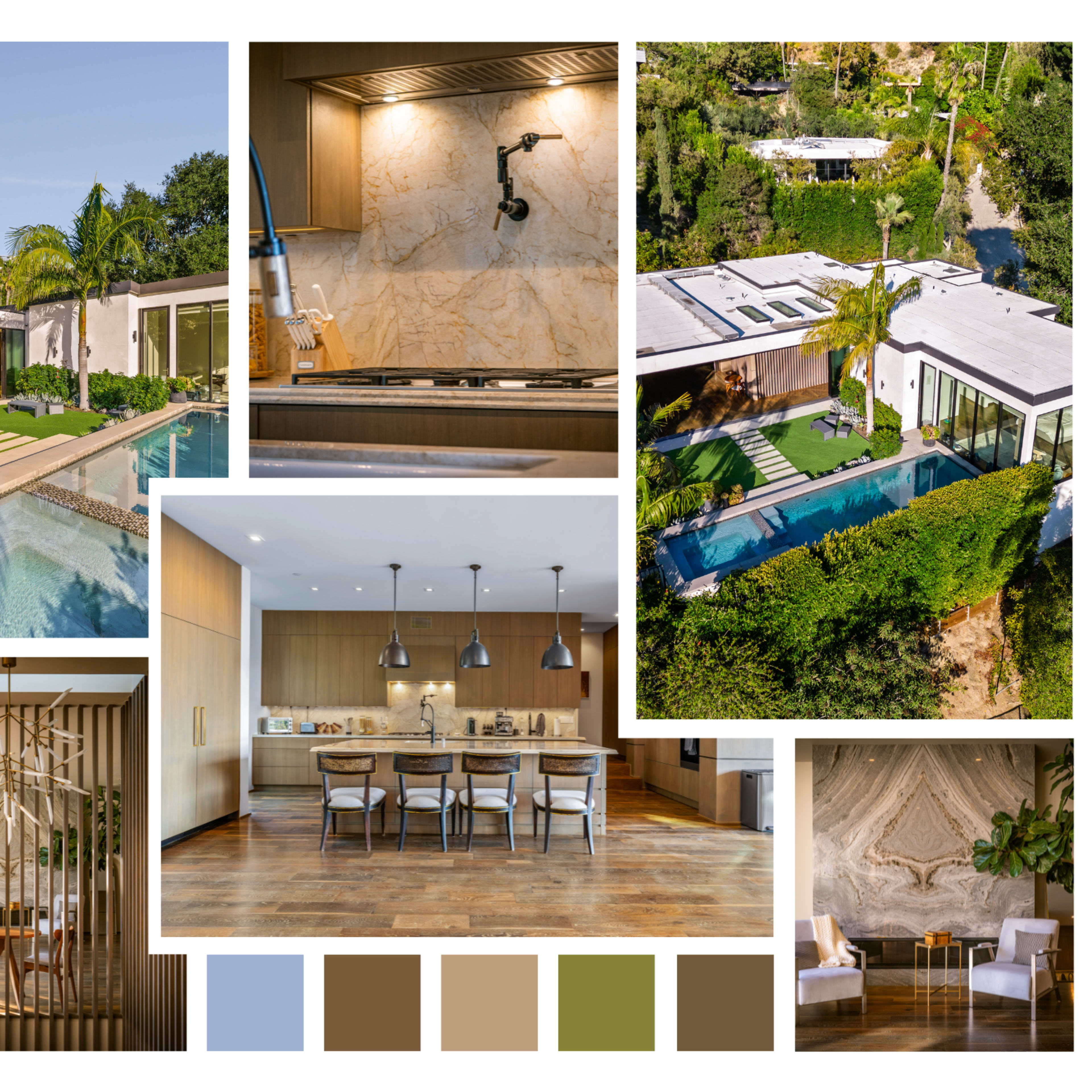 A modern home featuring a swimming pool, a sleek kitchen, and a blend of indoor and outdoor spaces surrounded by greenery.