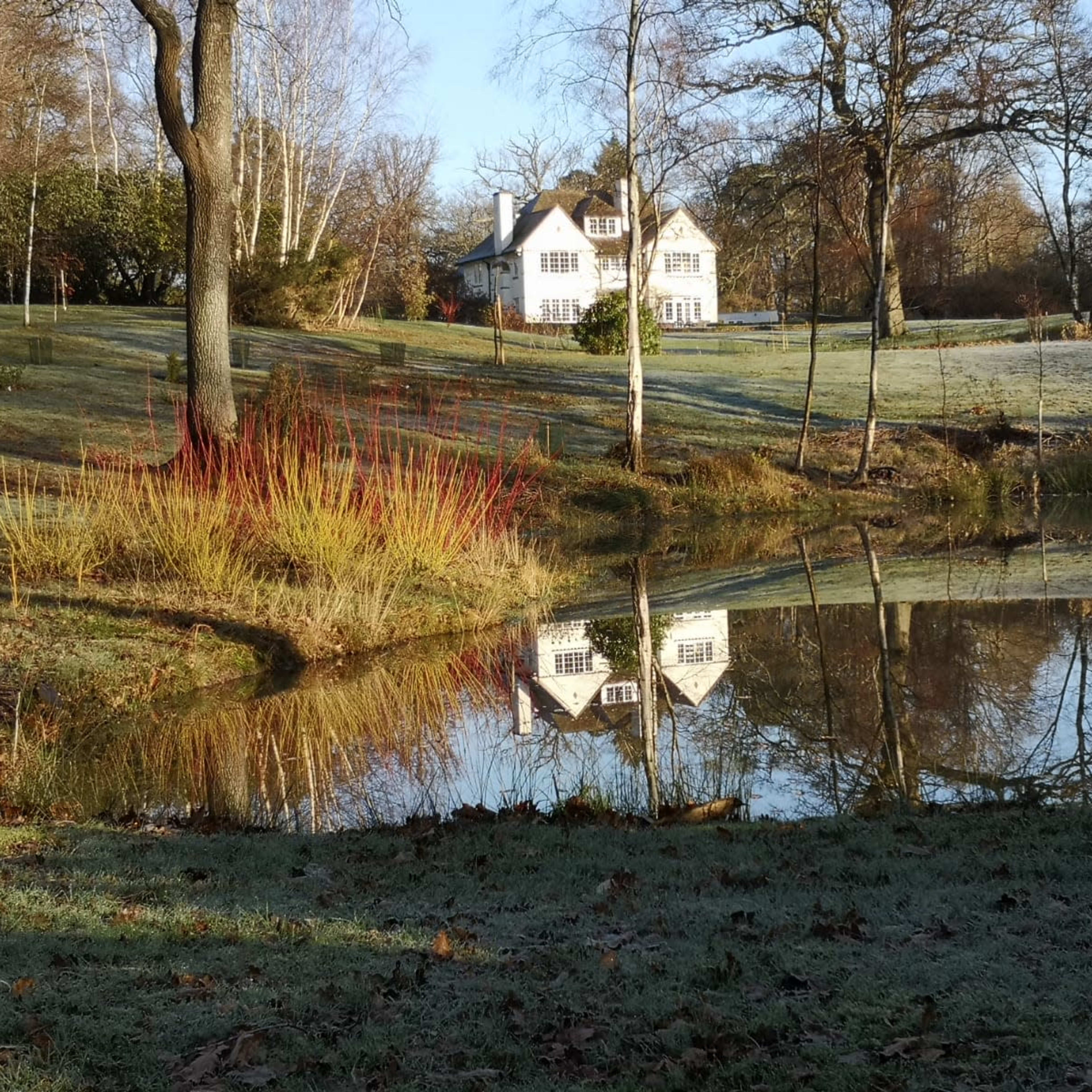 A white house is reflected in a calm pond surrounded by grass and trees in a frosty landscape.