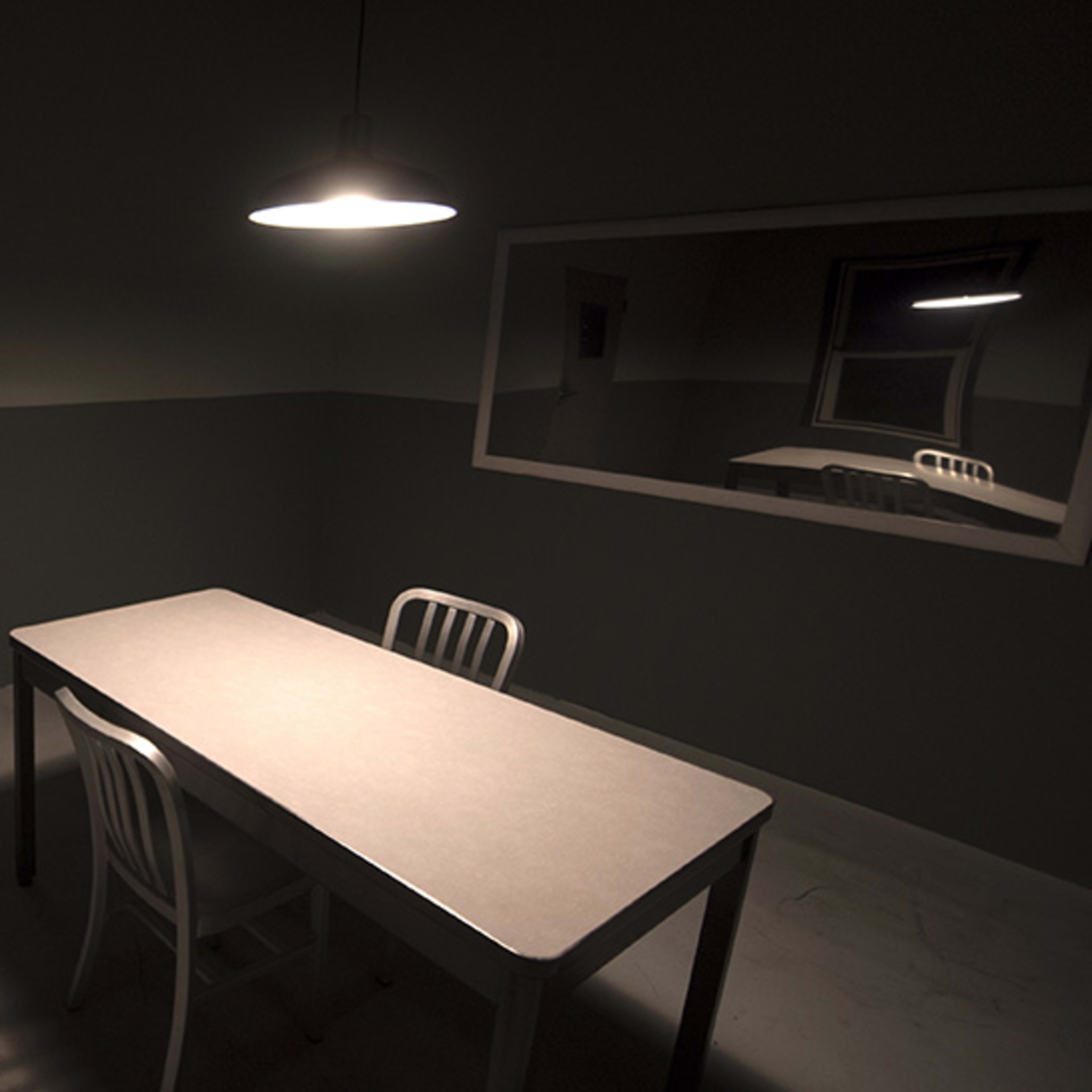 A dimly lit interrogation room features a table and chairs, with a door and a large mirror on the walls.