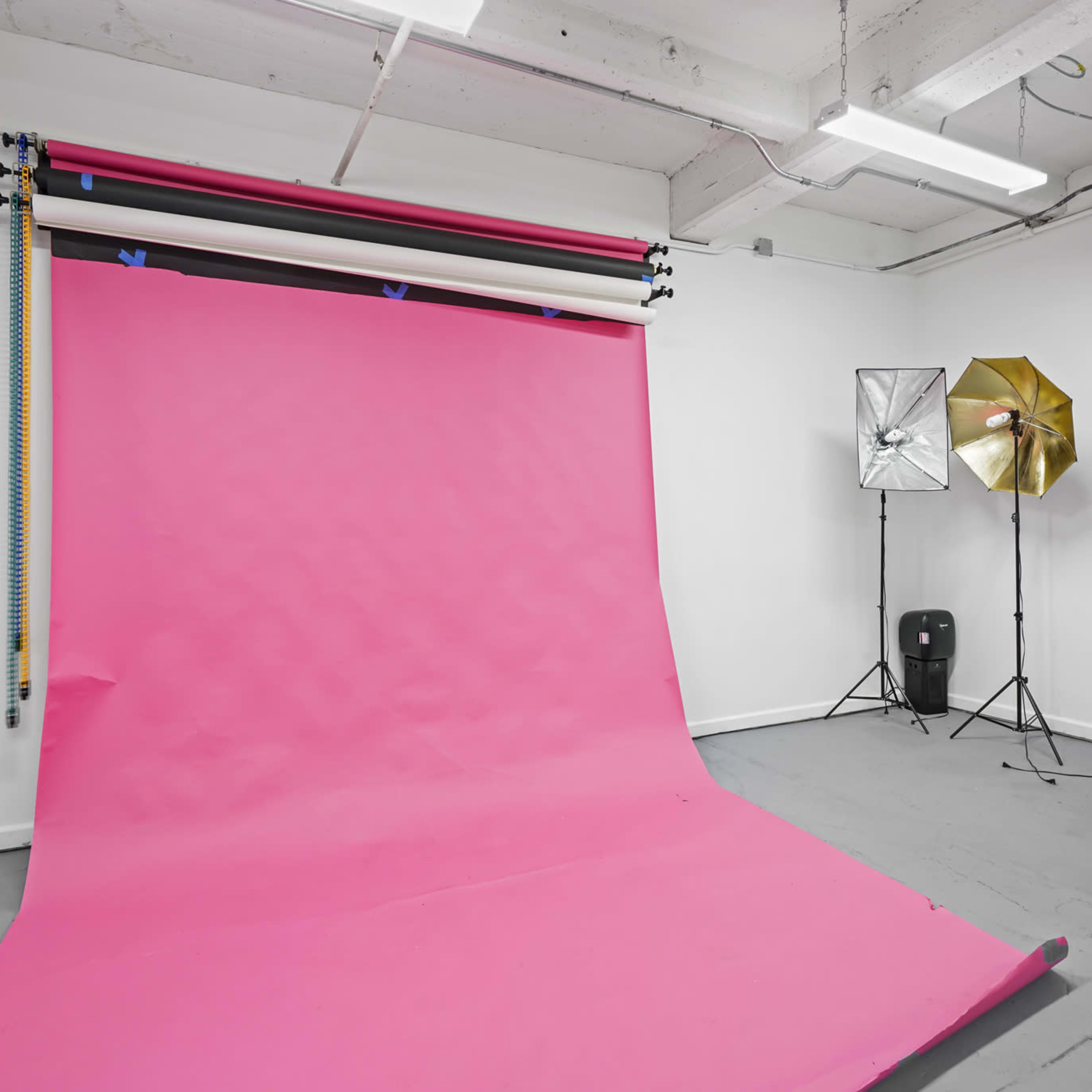 A photography studio featuring a large pink backdrop, studio lights, and a clean, empty space.