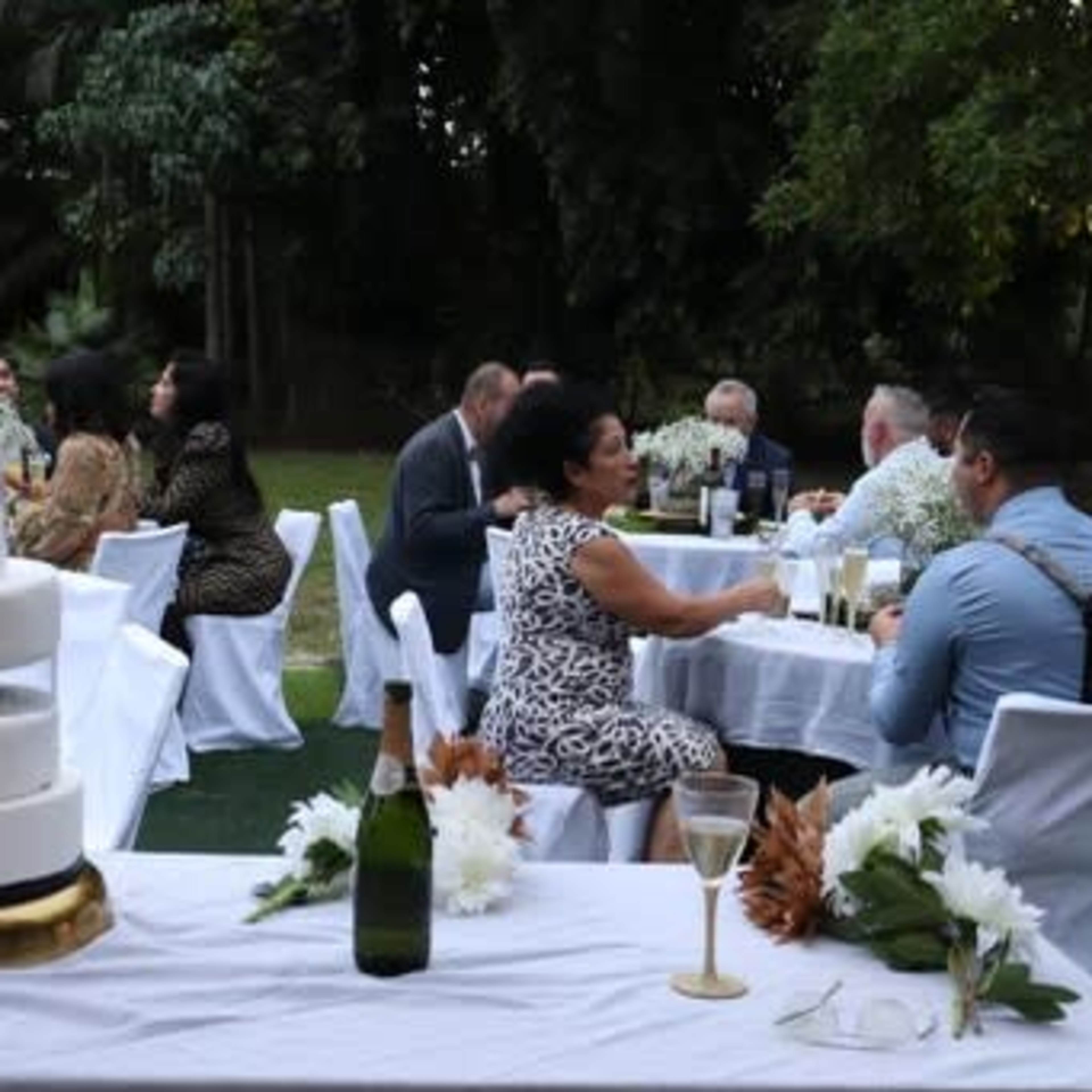 A group of elegantly dressed guests sit at tables adorned with white tablecloths in a garden setting, with a decorative cake and champagne bottles in the foreground.