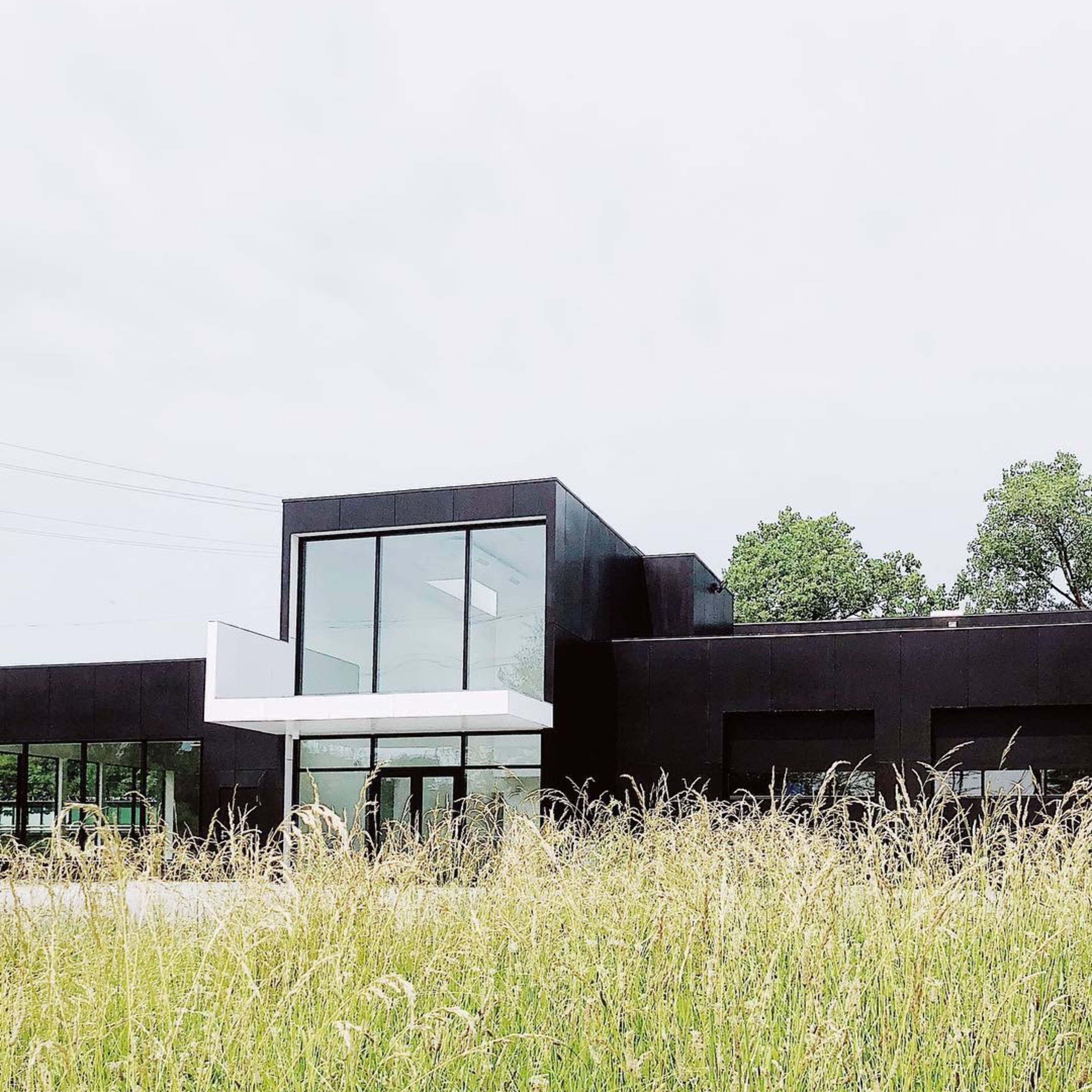A modern black building with large glass windows is set against a backdrop of tall grass and trees under a cloudy sky.