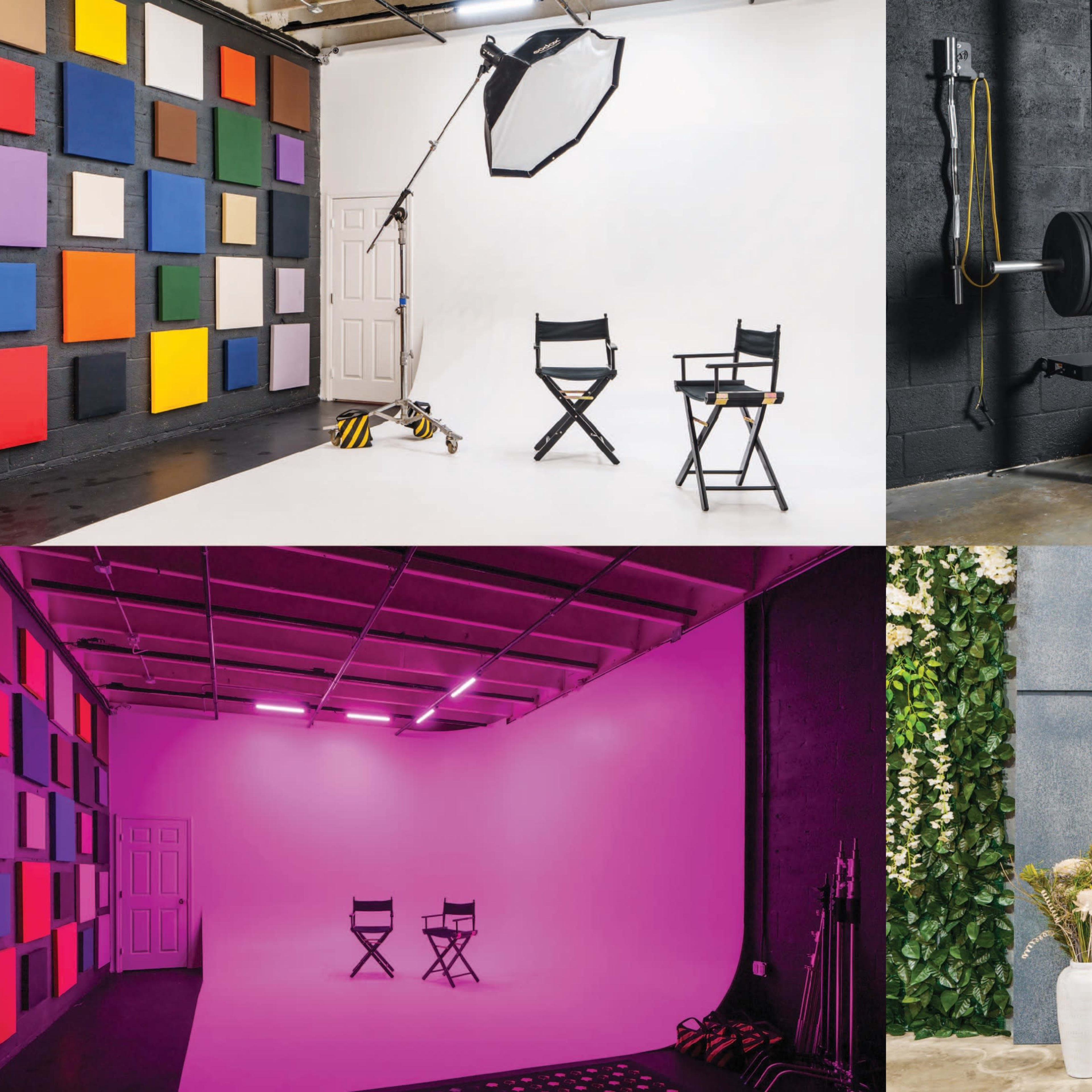Four distinct studio setups featuring colorful backdrops, a weightlifting area, a pink-lit space with director's chairs, and a minimalist room with greenery and a table.