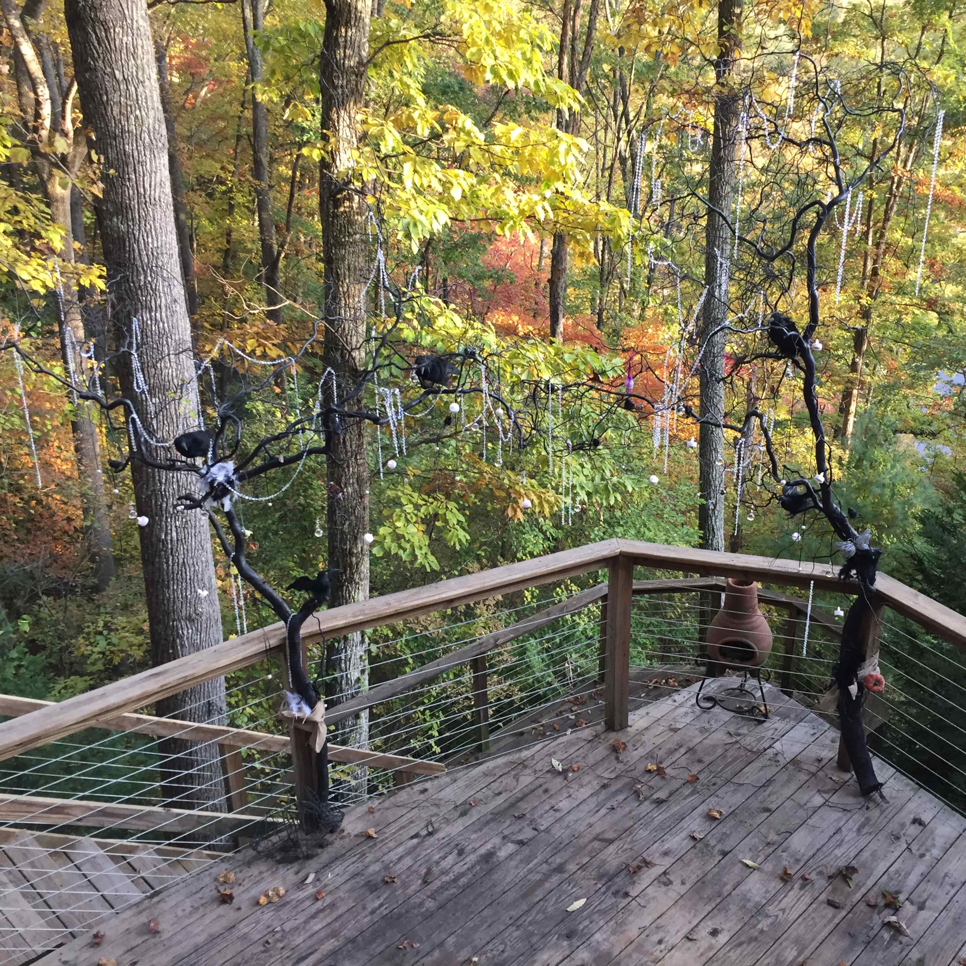 A wooden deck overlooking a forested area with autumn-colored trees and decorative branches adorned with lights.