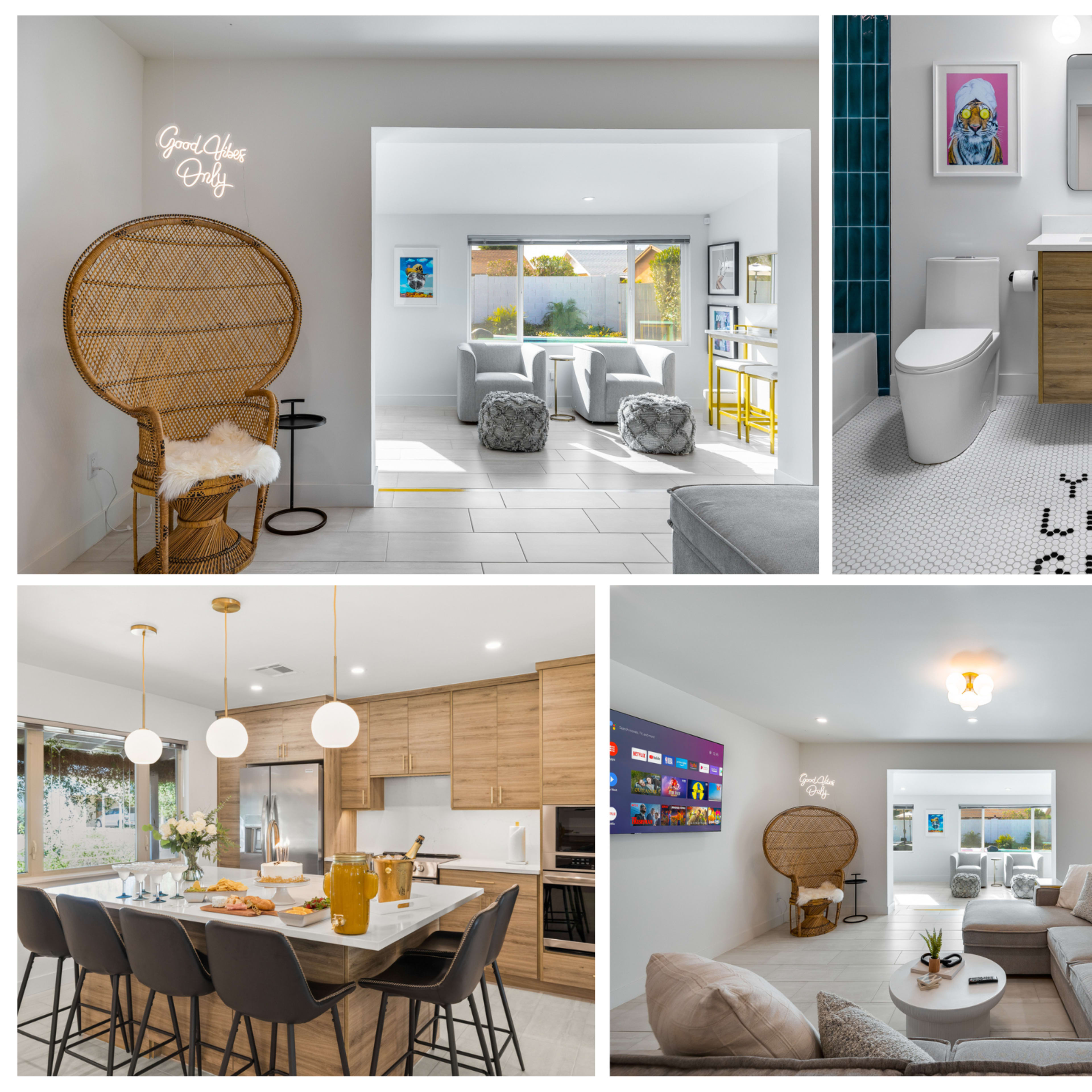 A modern home interior featuring a living area, dining space, bathroom, and a cozy reading nook with a large chair.