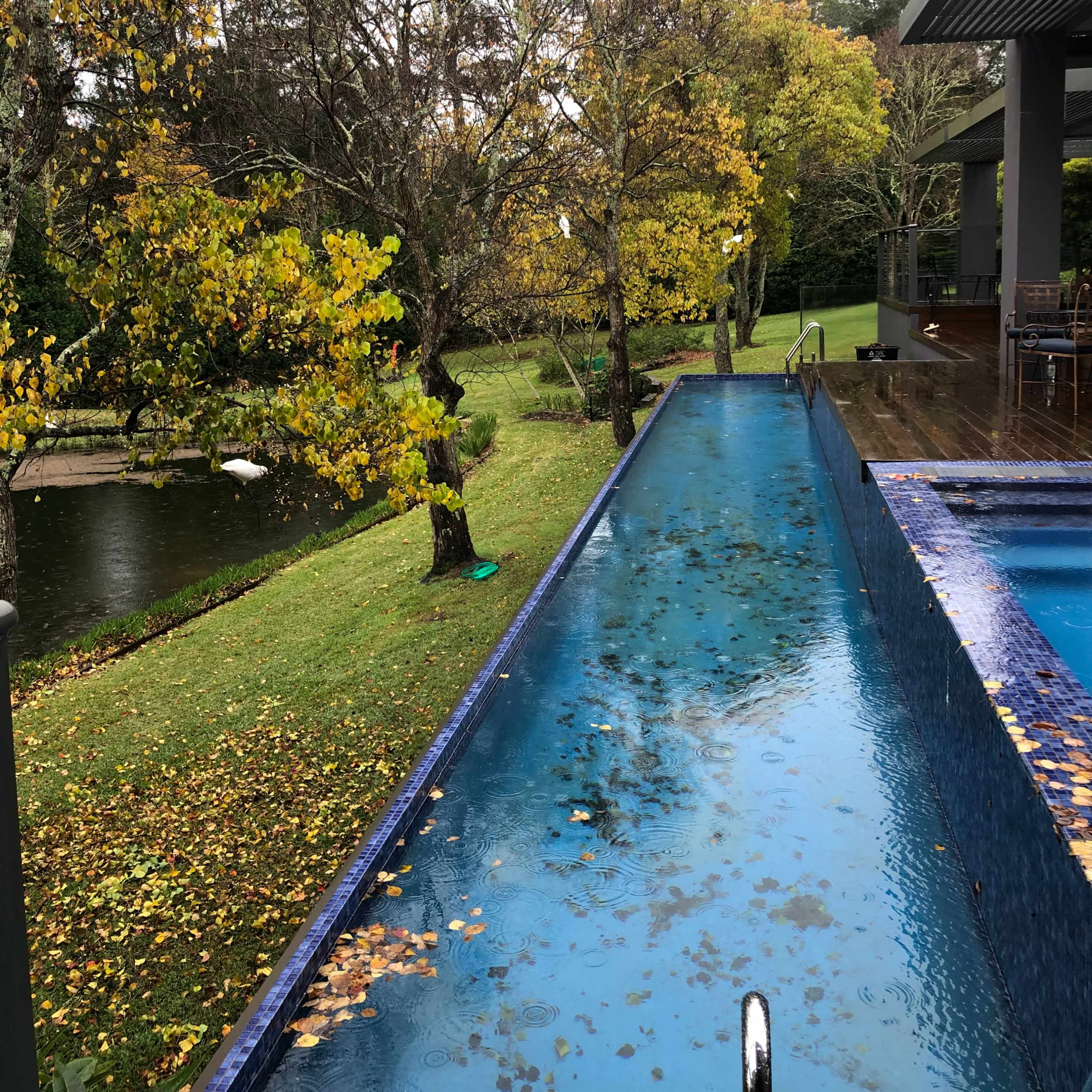 A long, narrow swimming pool beside a landscaped yard with trees and a waterway in the background.