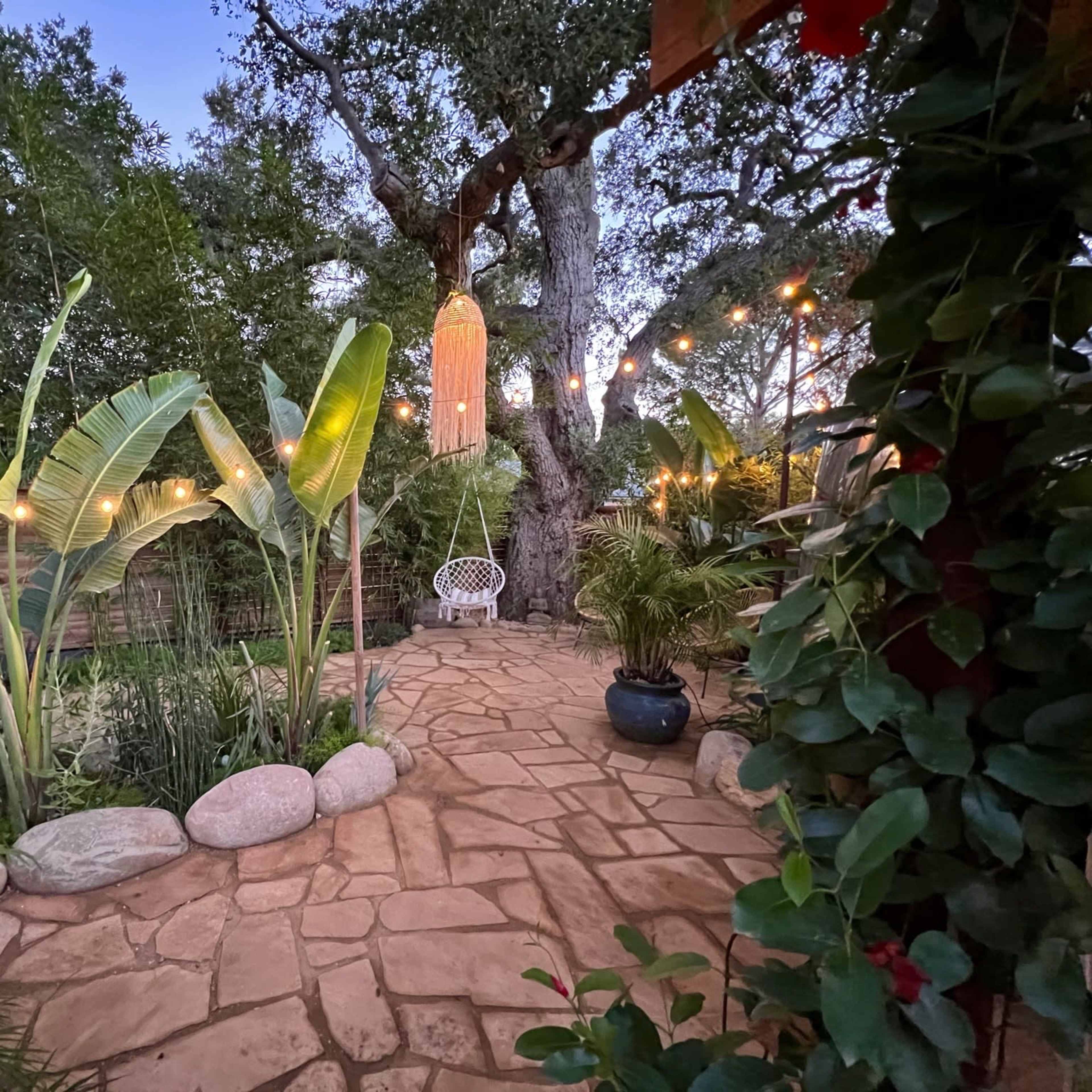 A stone pathway winding through a lush garden, lined with tropical plants and illuminated by hanging lights.