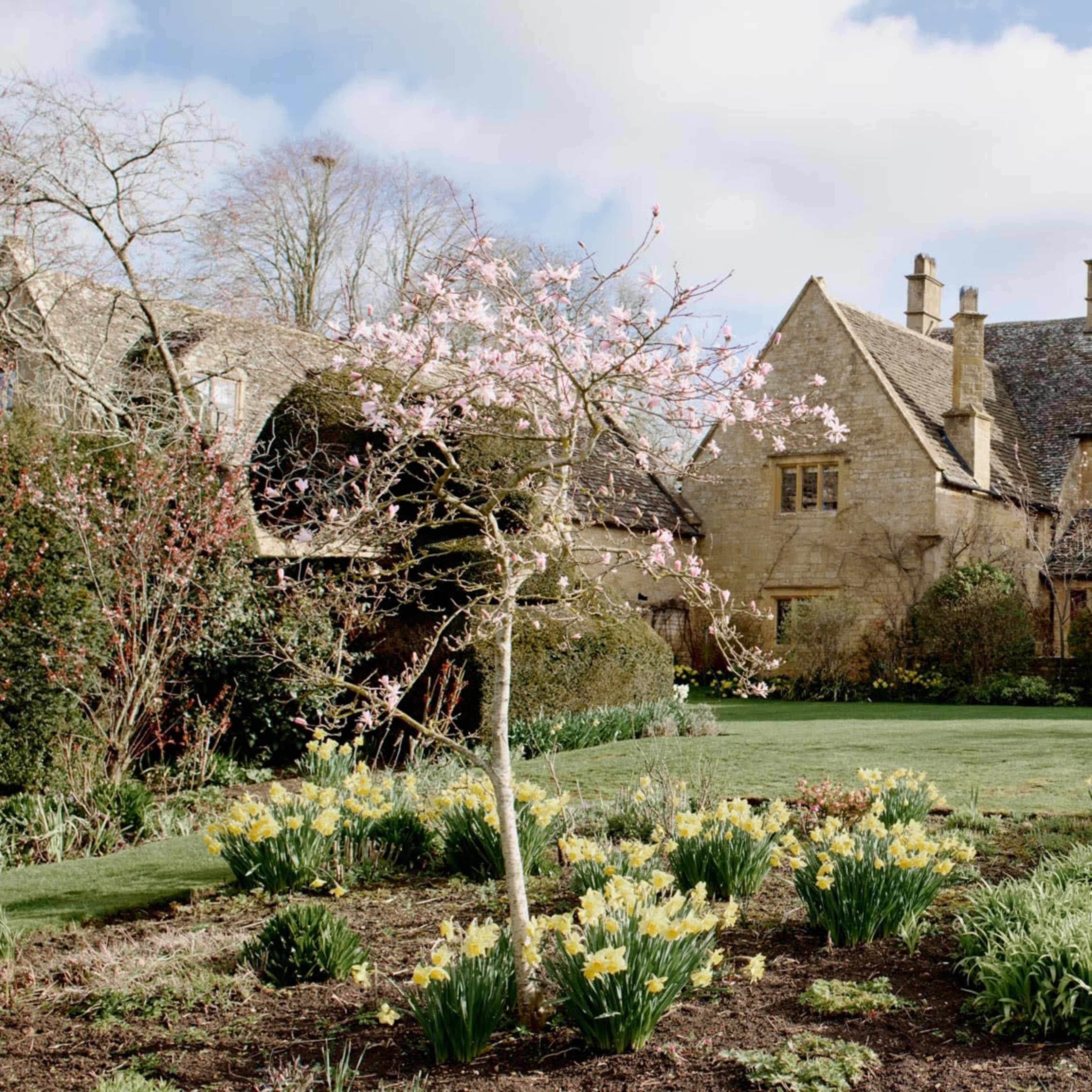 A well-manicured garden in front of a large stone house, featuring blooming trees and a variety of flowering plants.