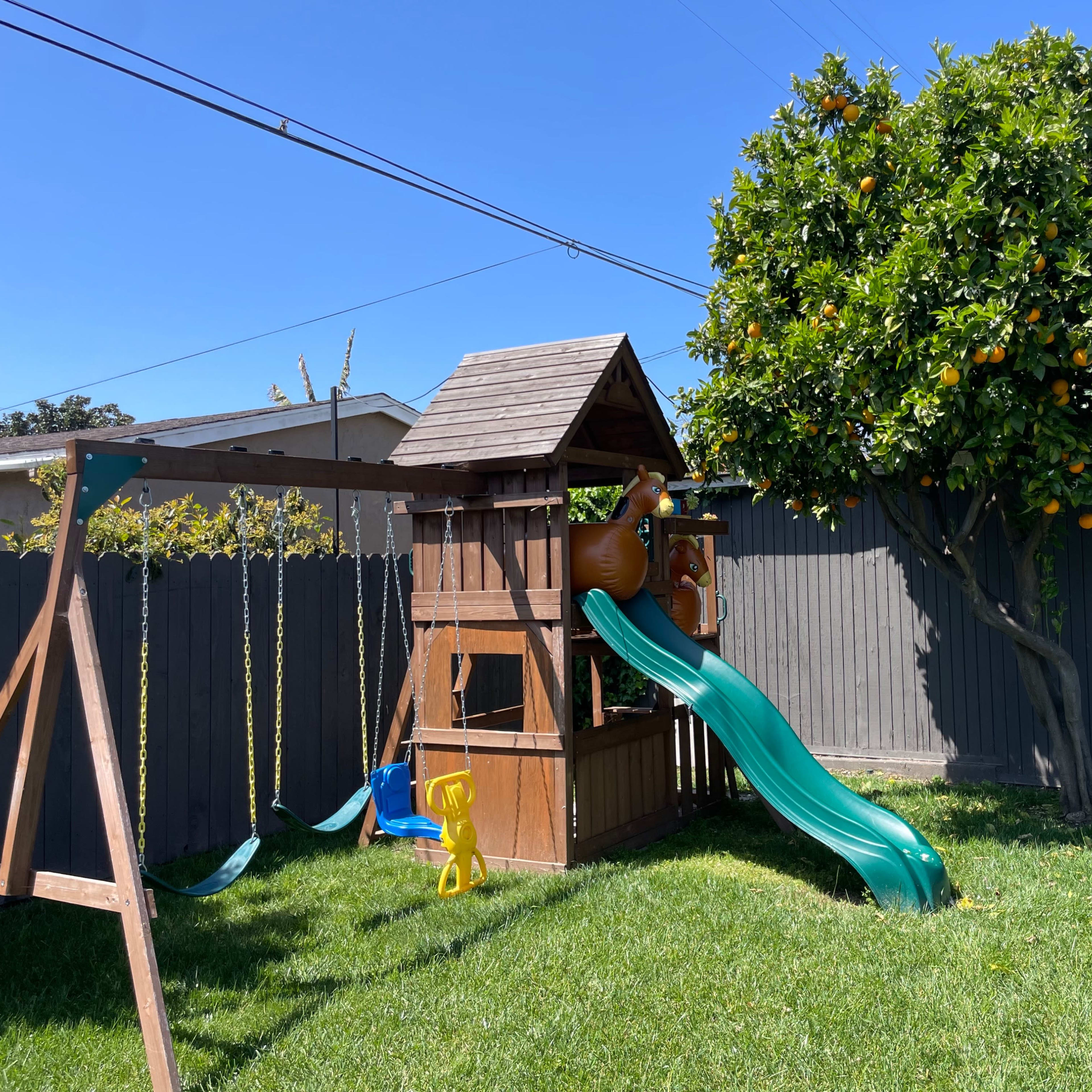 A play structure with a slide and a tree bearing oranges is situated in a grassy yard, surrounded by a wooden fence.