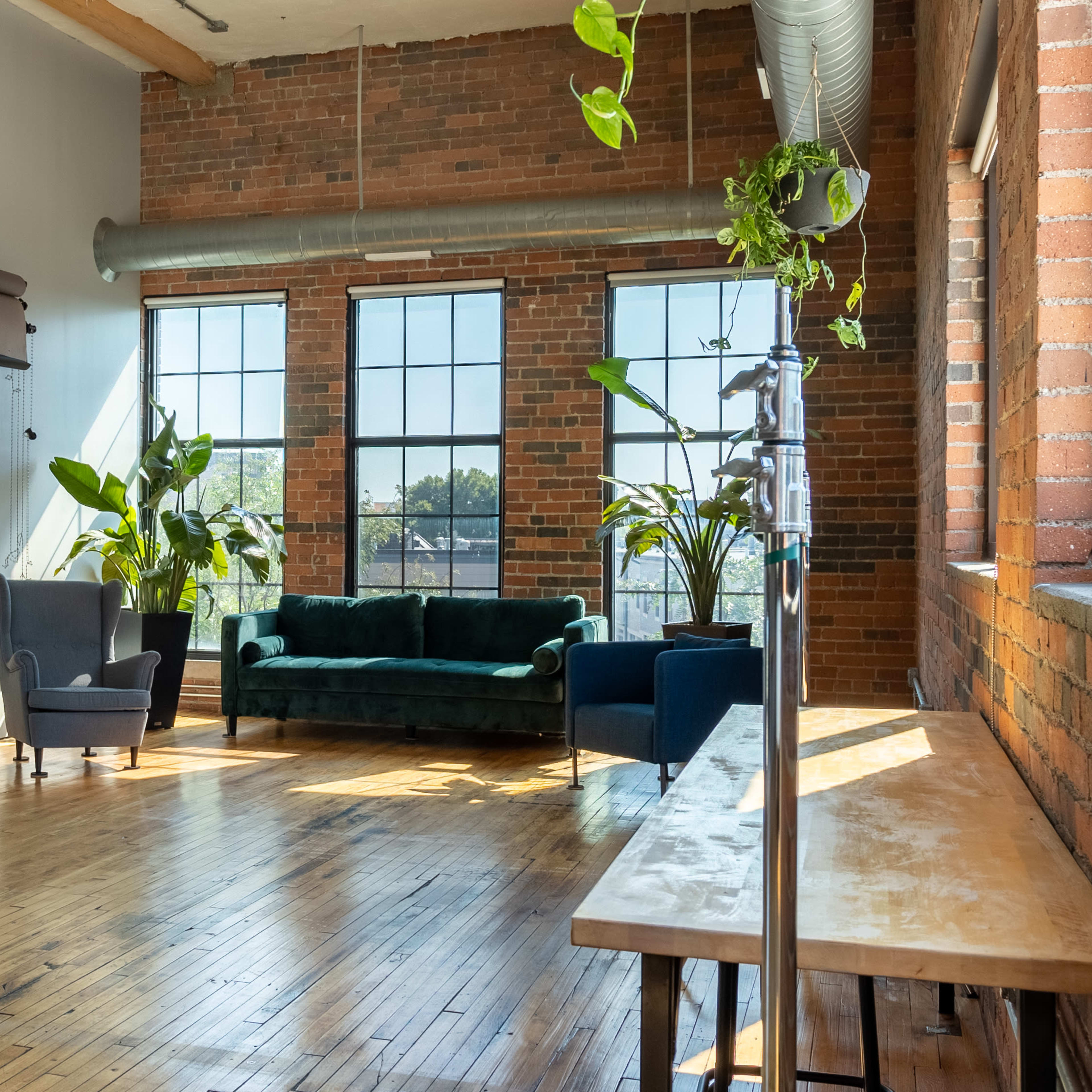 A spacious, well-lit room with brick walls, large windows, a green sofa, an armchair, and potted plants.