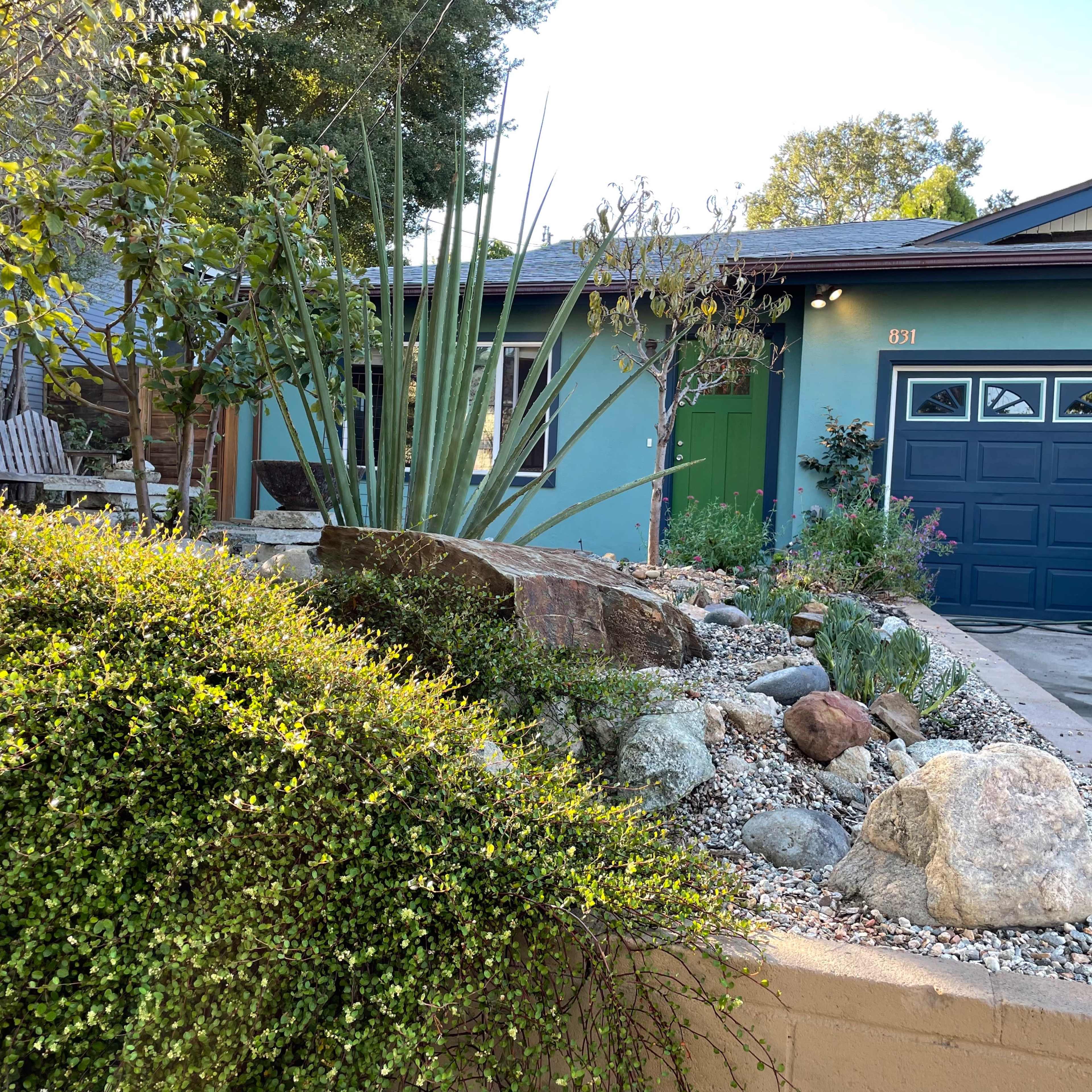 A landscaped front yard features rocks, succulents, and shrubs in front of a blue house with a dark garage door.