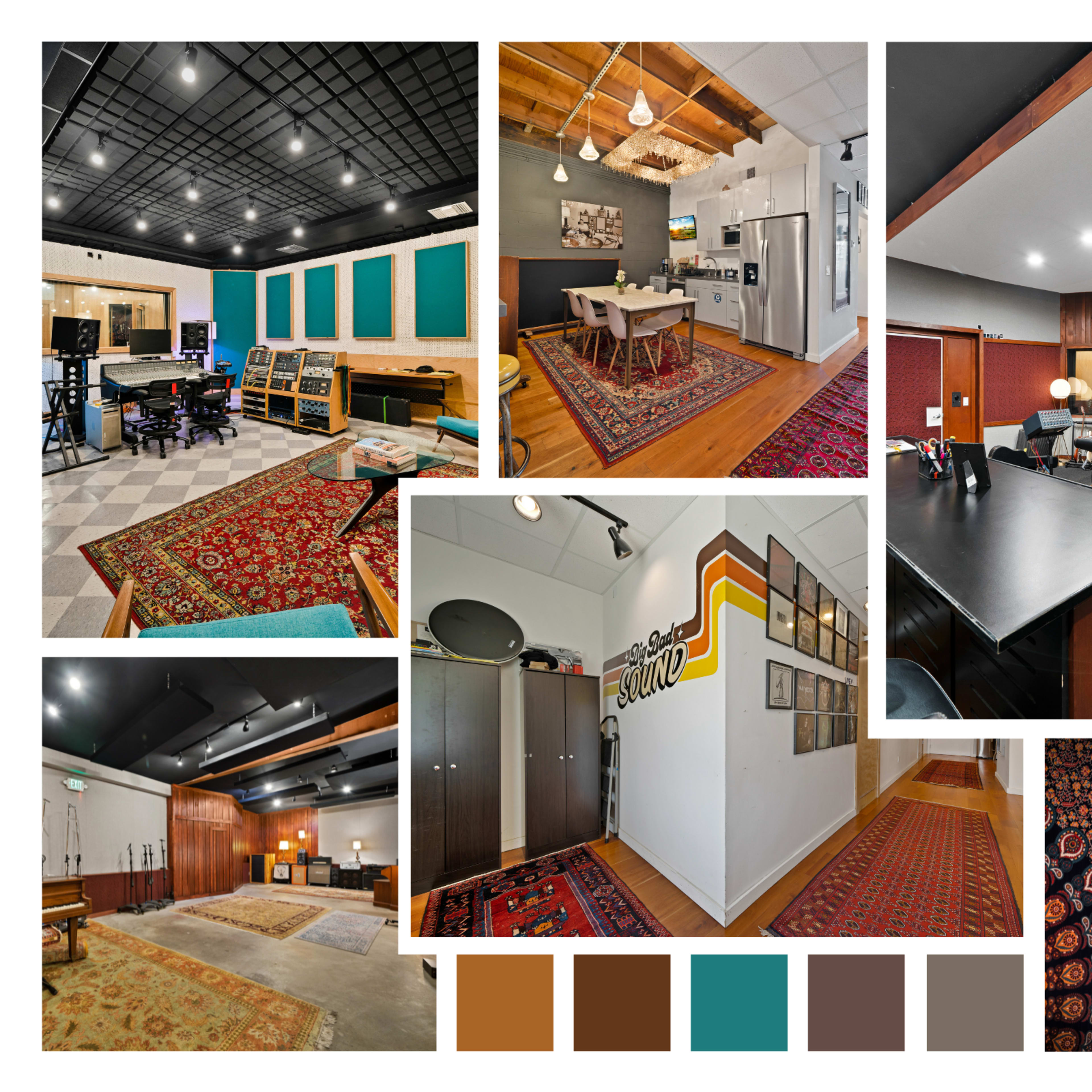 A collection of rooms in a recording studio, featuring various workspaces, sound equipment, and decorative rugs.