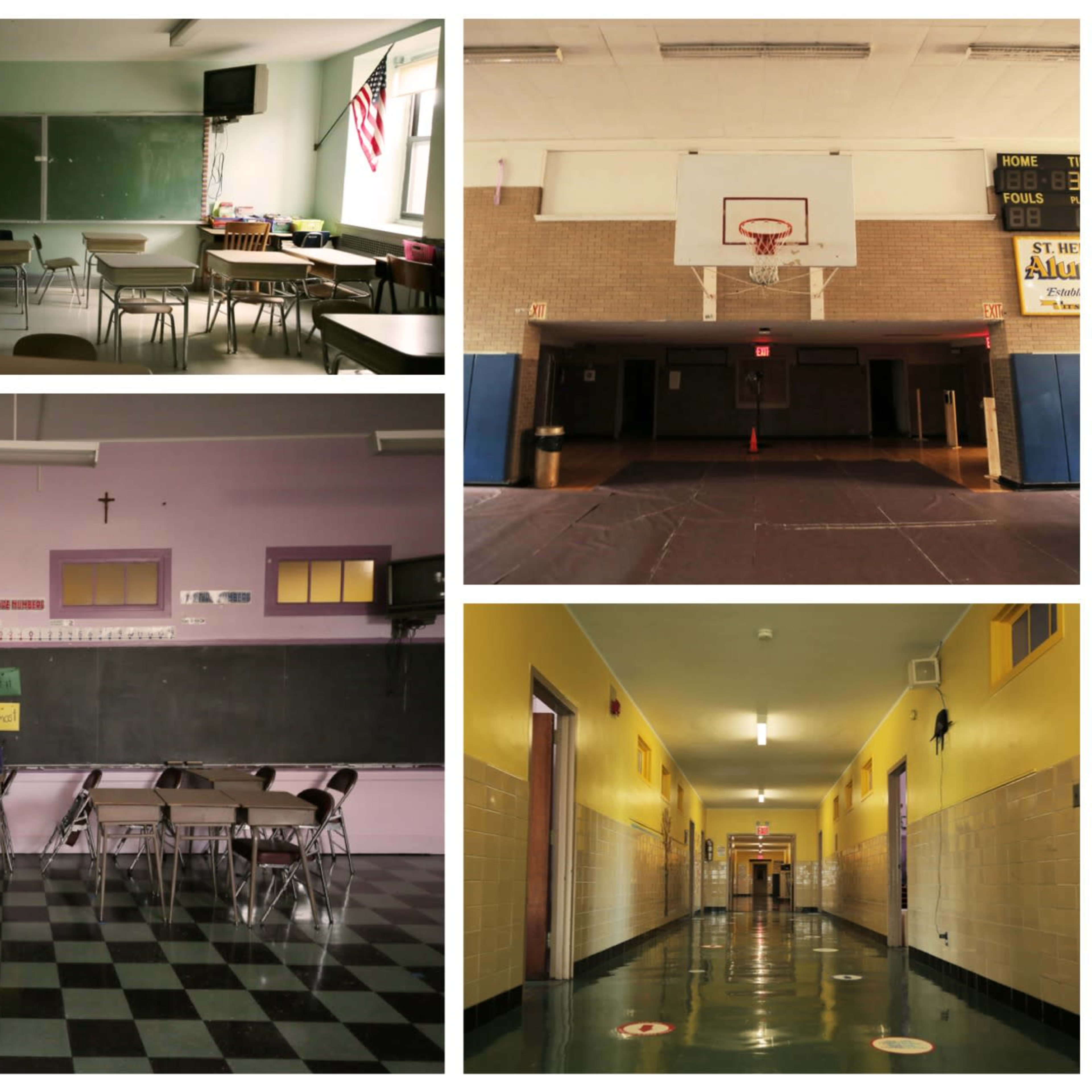 Various empty spaces in a school, including classrooms, a gymnasium with a basketball hoop, and an empty hallway.