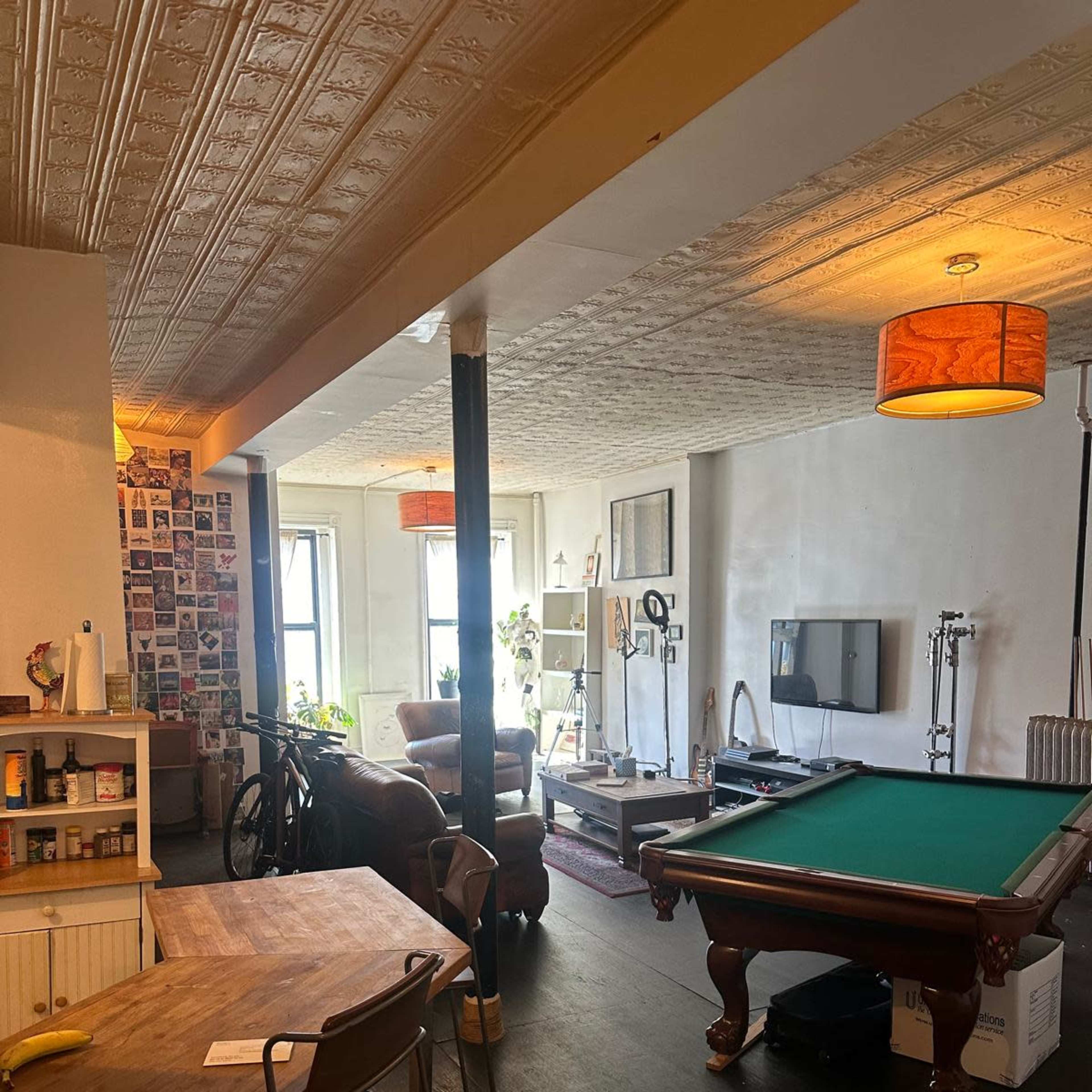 Bushwick Open Living Room Space With above Train in front of windows, Artist Living Image in Bushwick, Brooklyn, NY