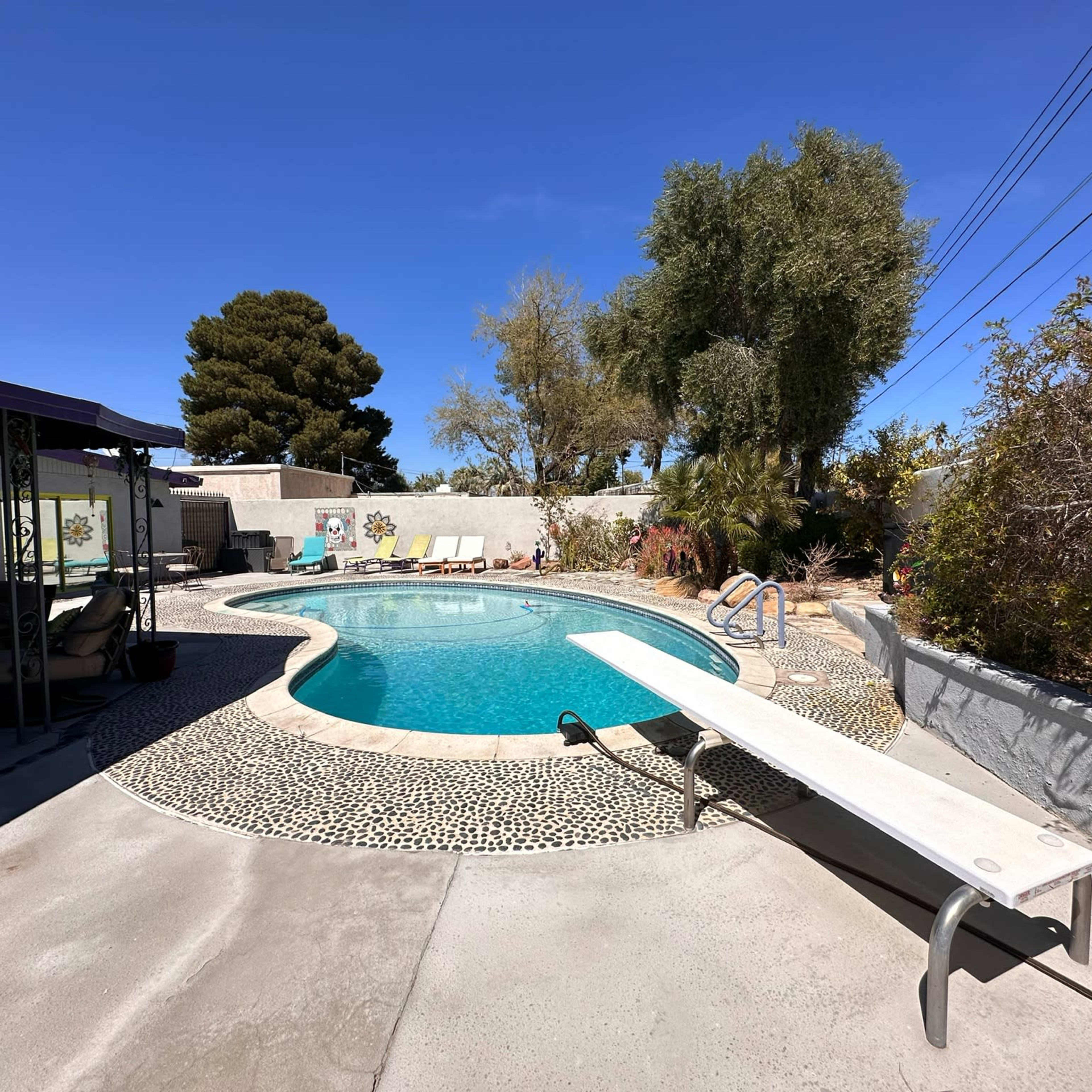 A swimming pool with a diving board is surrounded by landscaped greenery and lounge chairs under a clear blue sky.