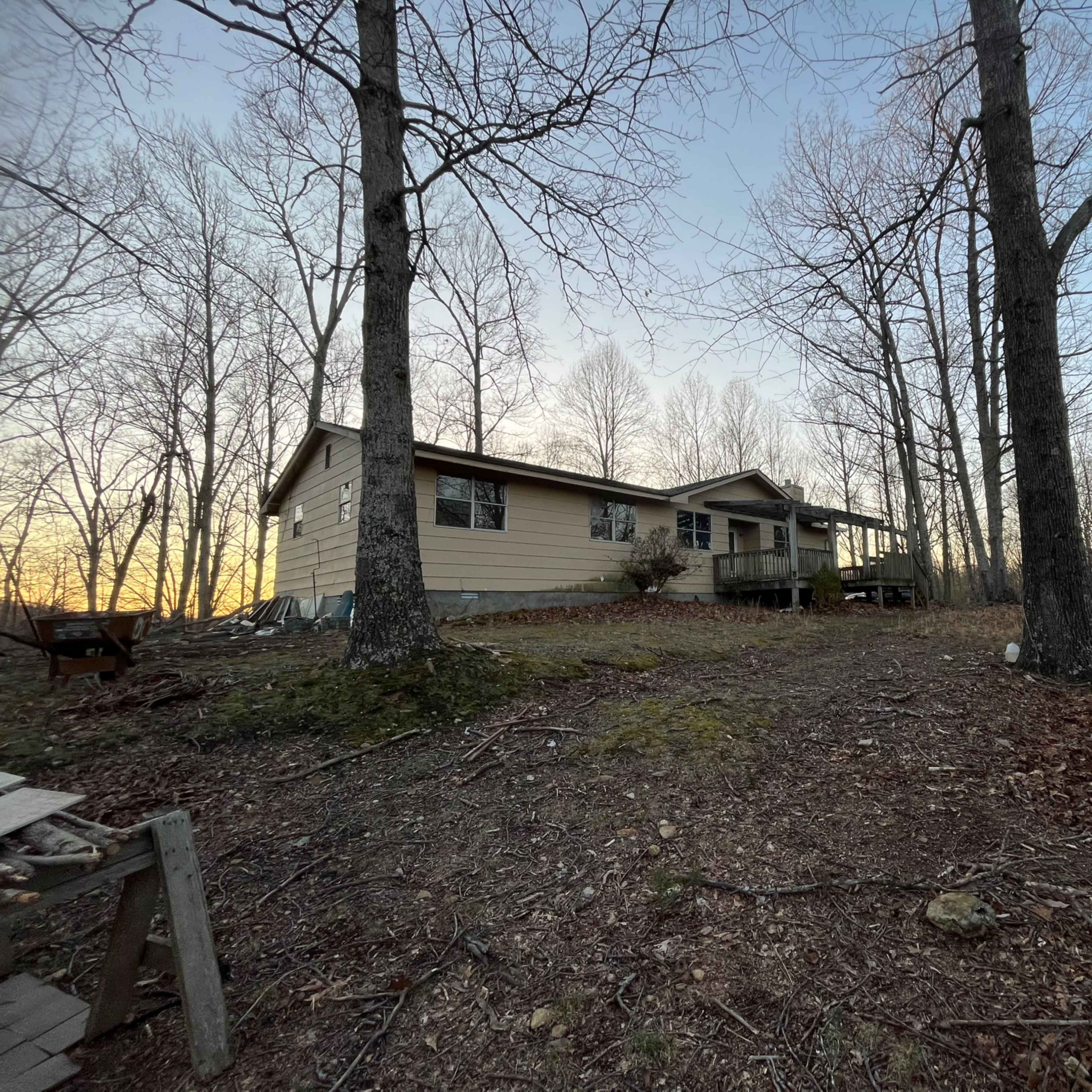 A single-story house sits on a sloped, leaf-covered terrain surrounded by bare trees.