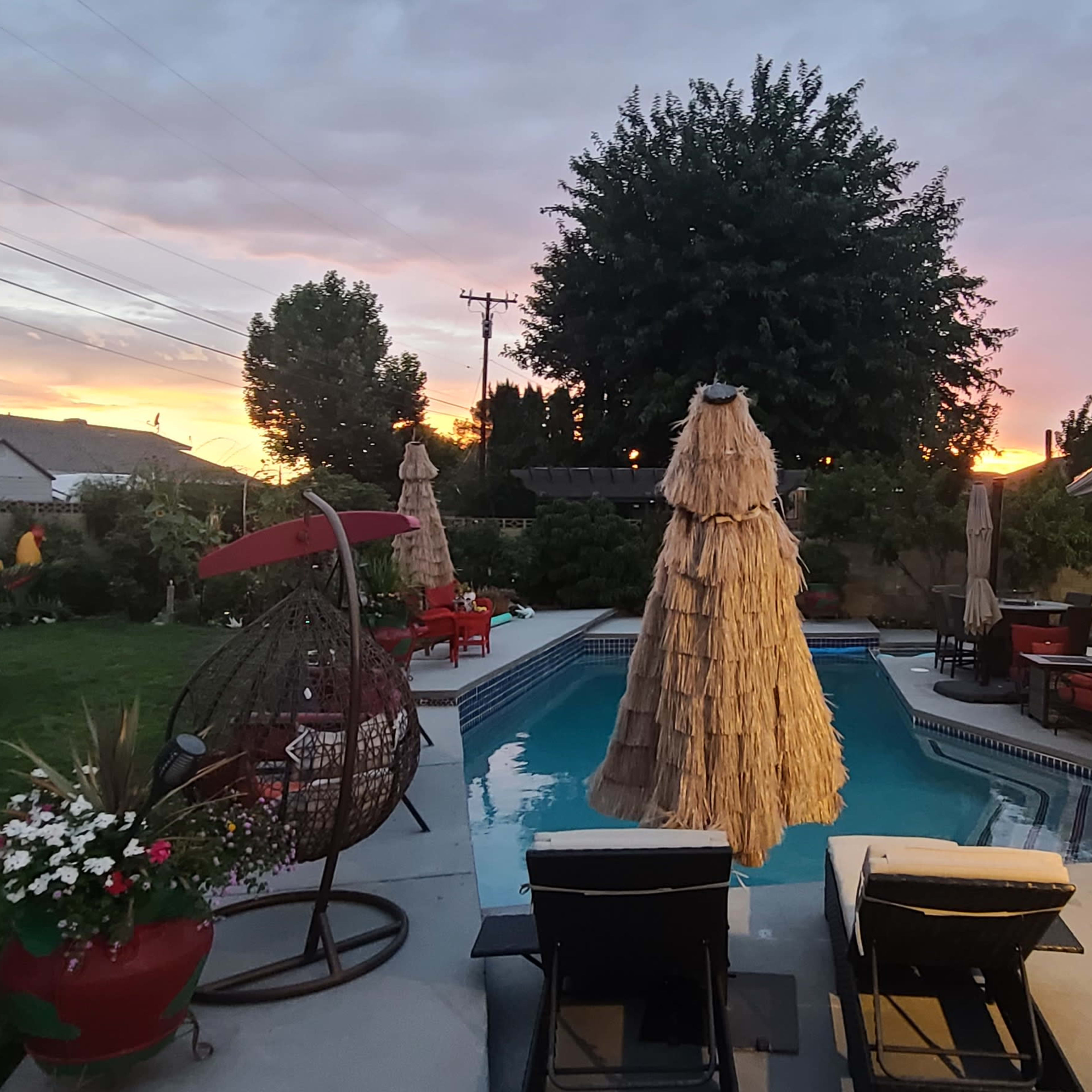 A backyard with a swimming pool, patio furniture, and a hammock under a sunset sky.