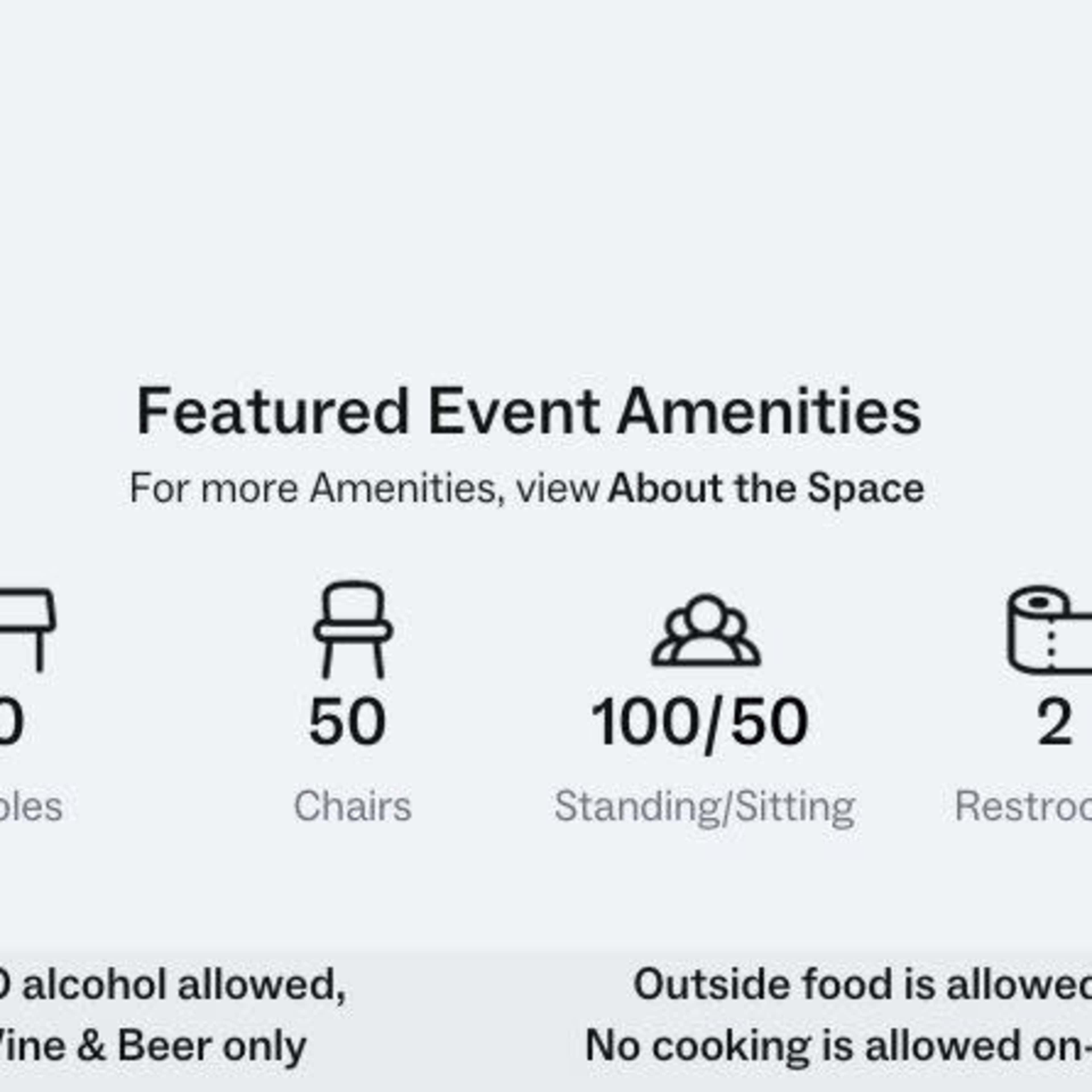 A list of featured event amenities, including the number of tables, chairs, standing capacity, and restrooms available.