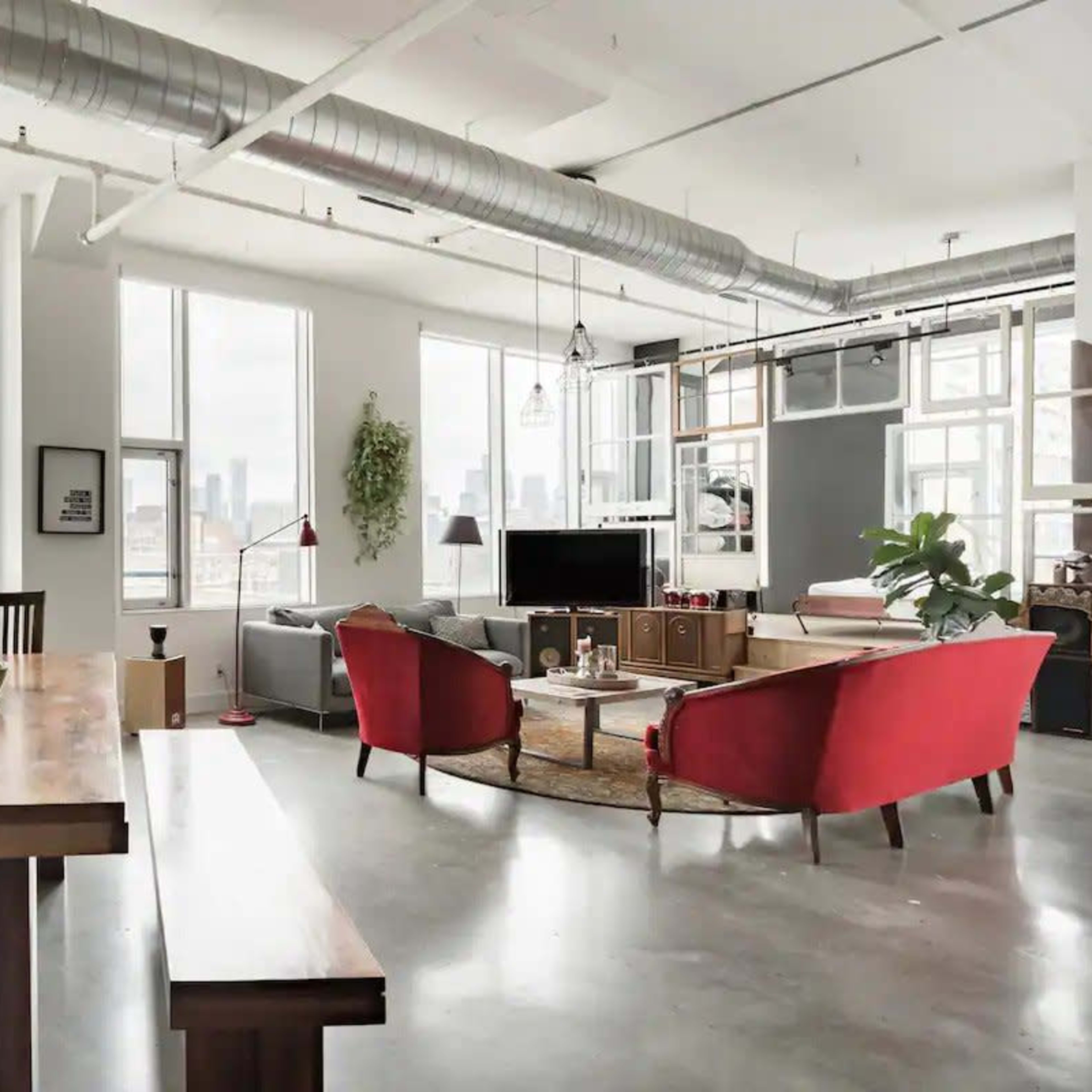 A modern loft-style living space with large windows, a dining table, and a seating area featuring red sofas.