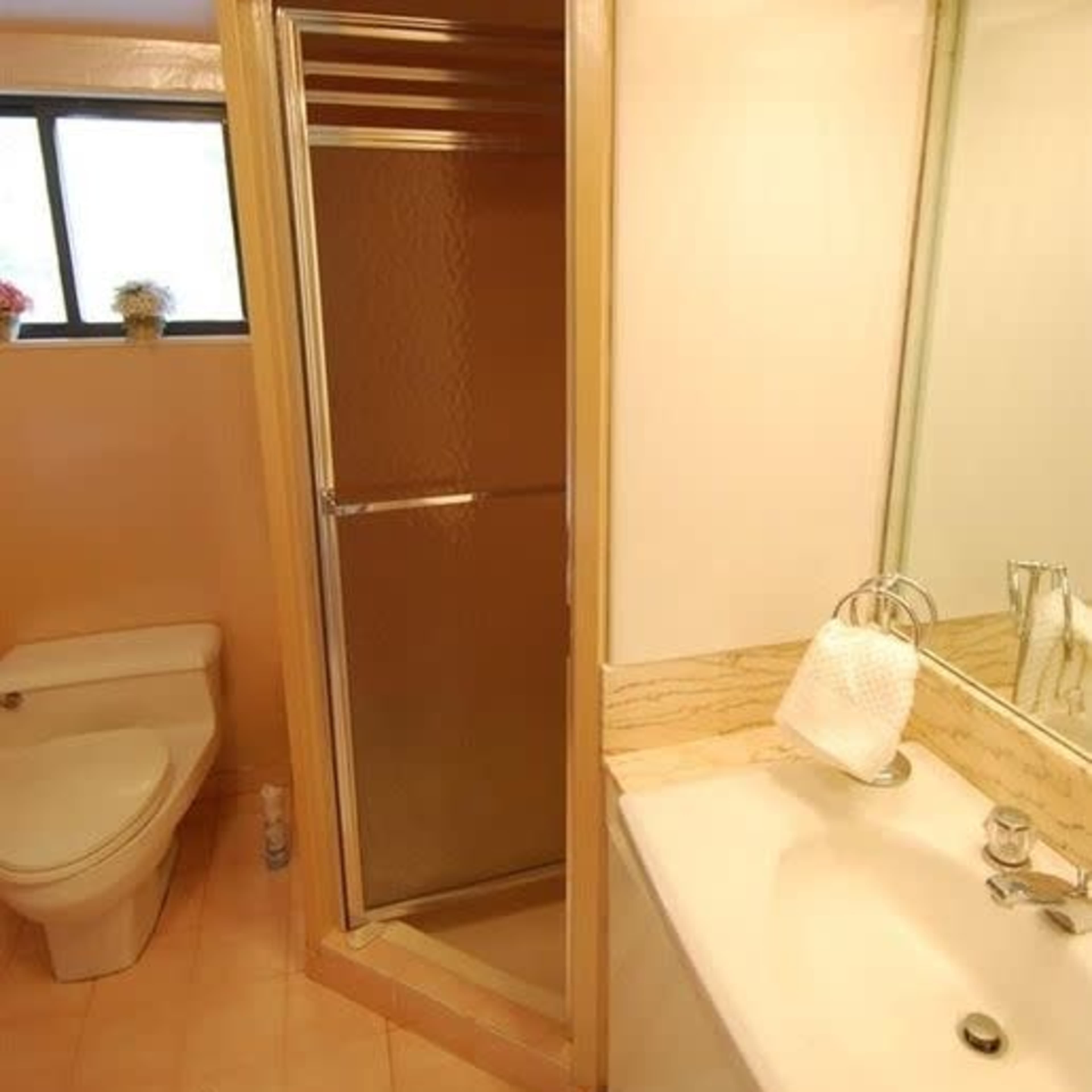 A bathroom featuring a shower stall, a toilet, and a sink with a mirror above it.