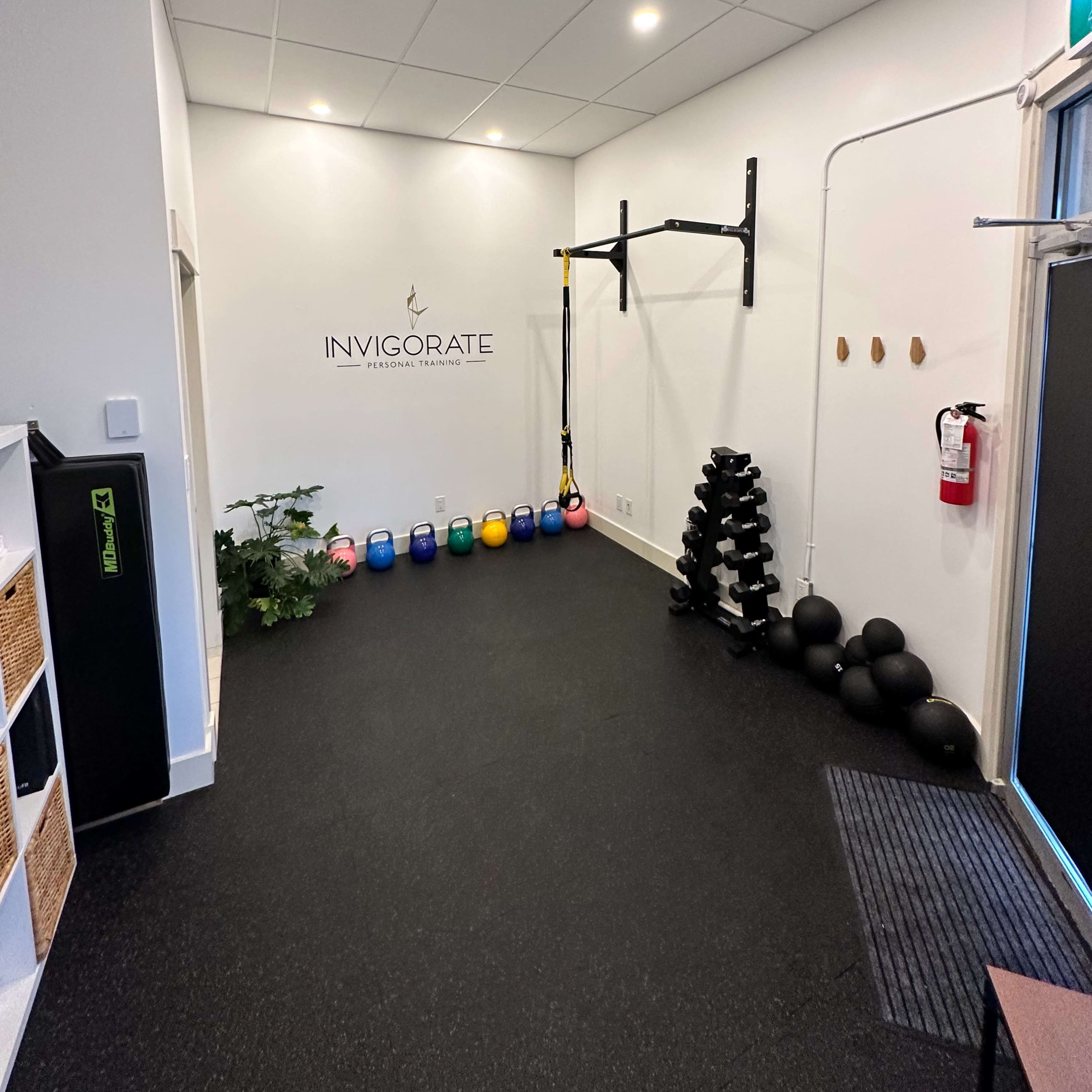 A fitness studio with exercise equipment including kettlebells and a wall-mounted suspension trainer, and a small plant in the corner.