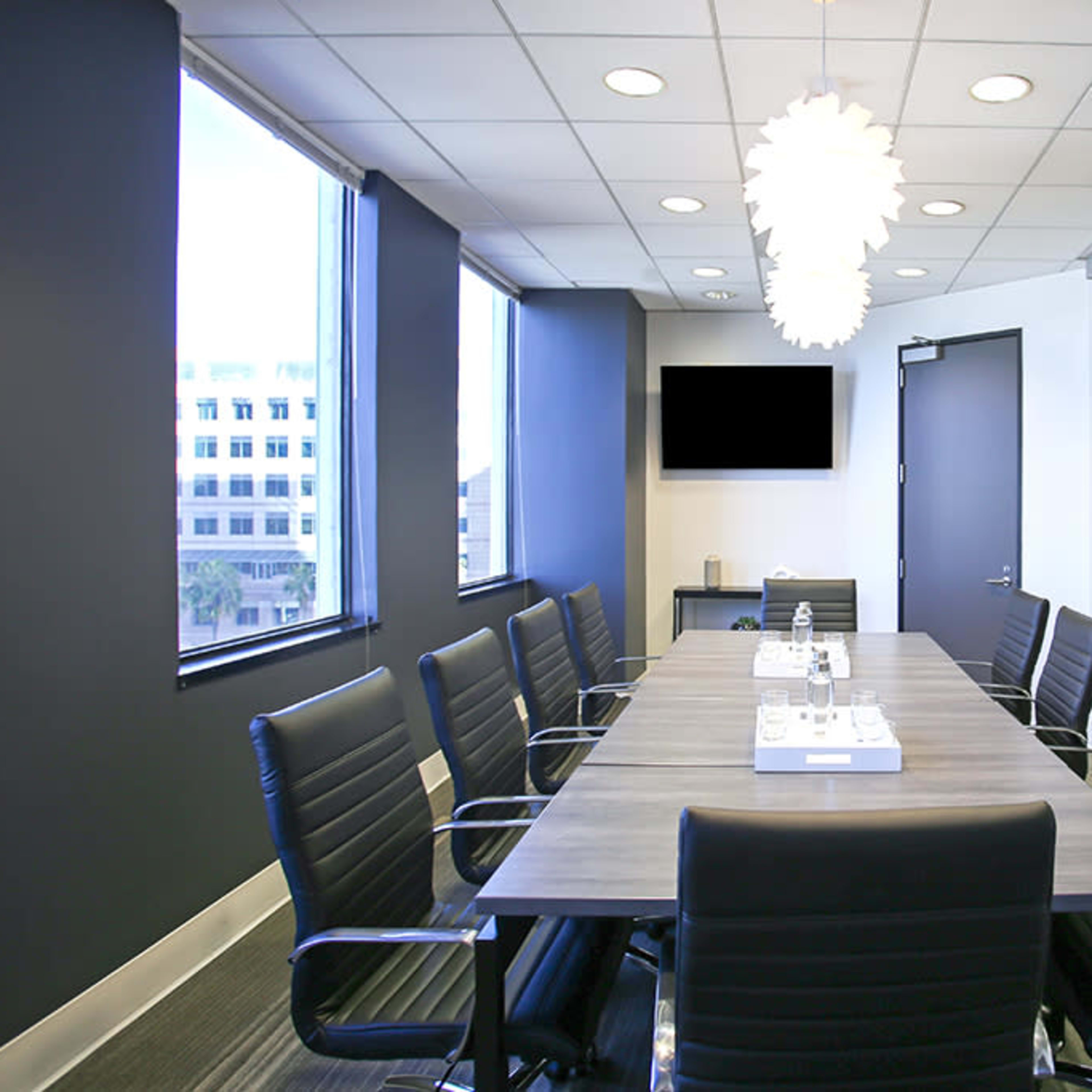 A modern conference room features a long table surrounded by black chairs, with windows providing natural light and a wall-mounted television.