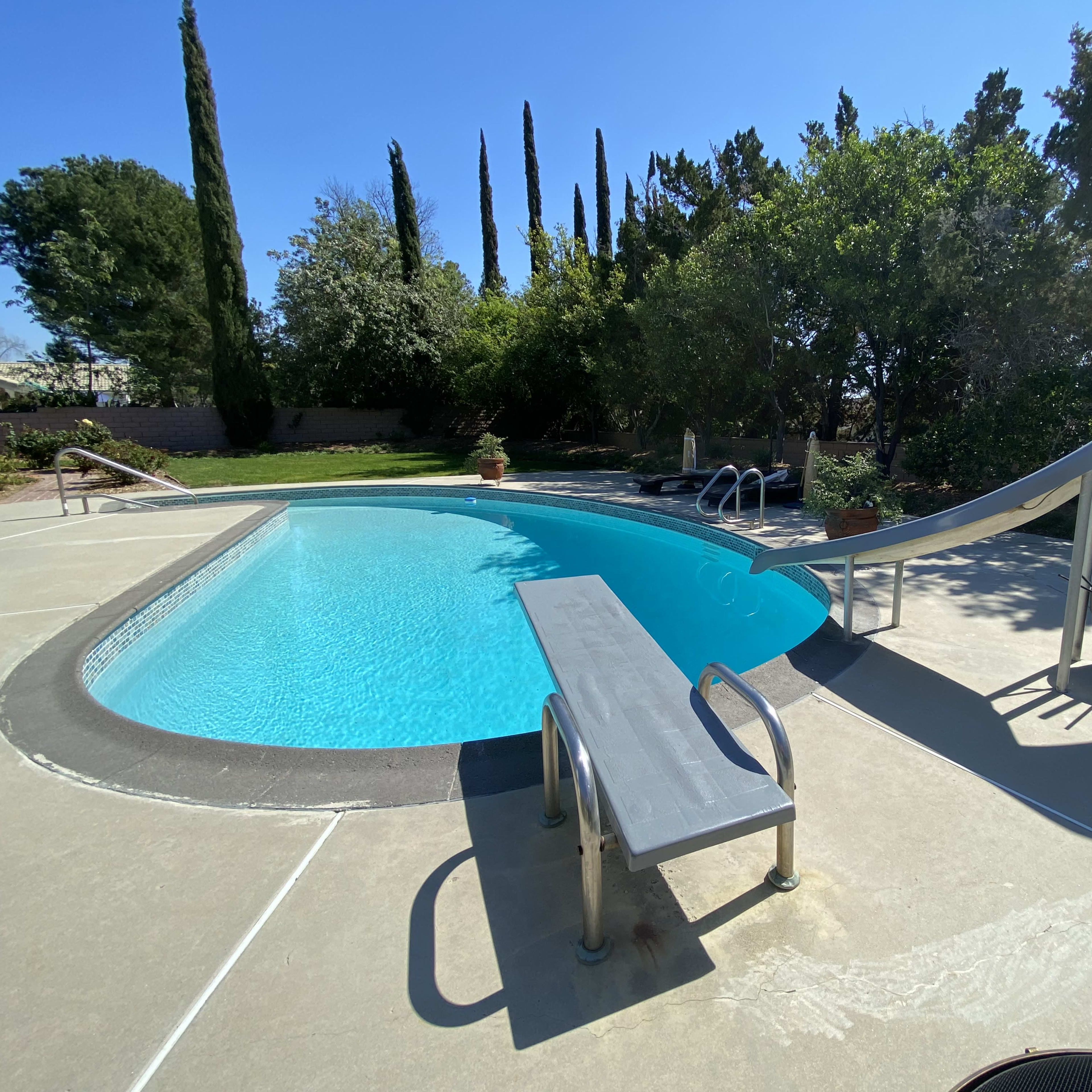 A swimming pool with a slide, a diving board, and tall trees surrounding the area.