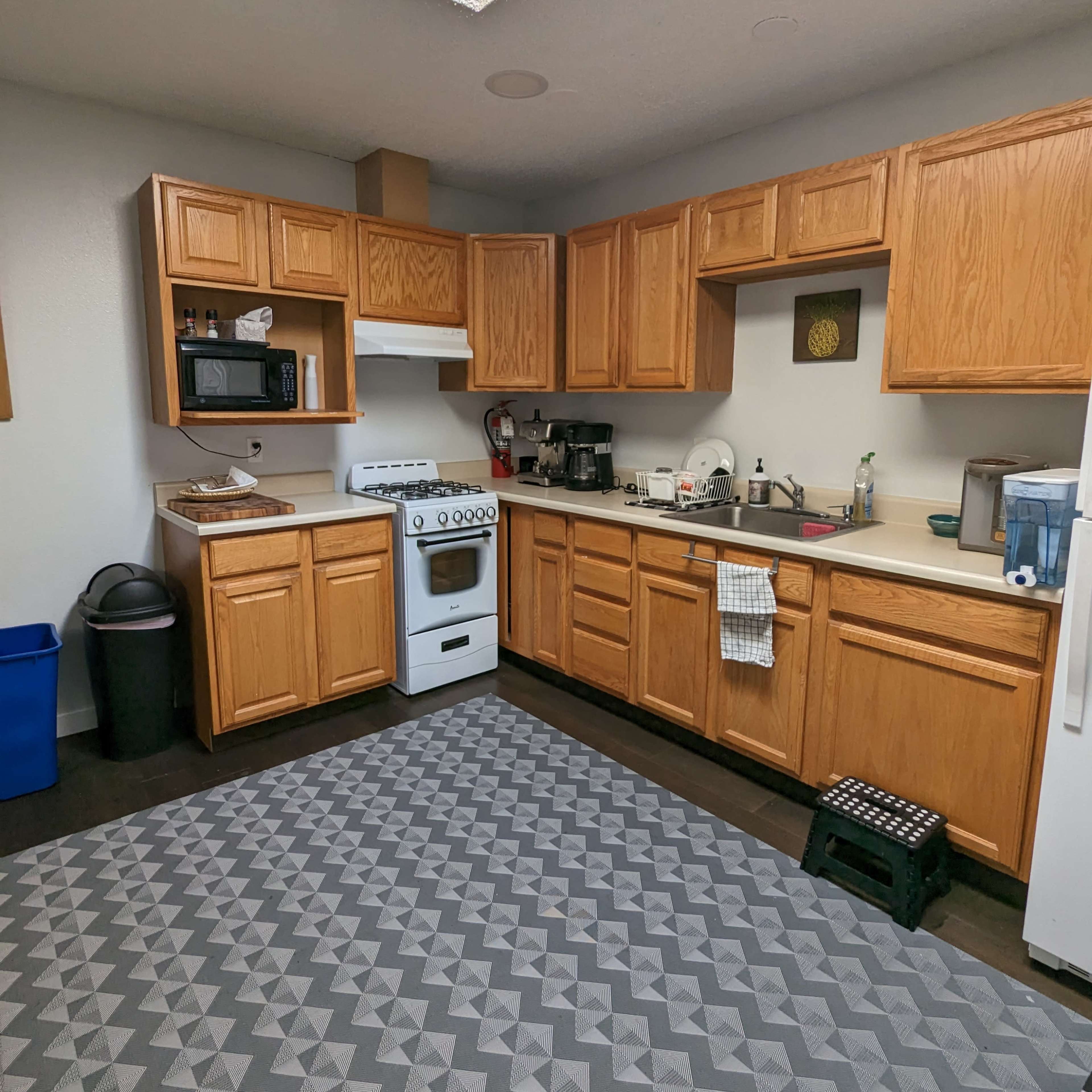 The kitchen features wooden cabinets, a stove, a microwave, and a sink with various kitchenware on the counters, along with a patterned rug and a blue recycling bin.