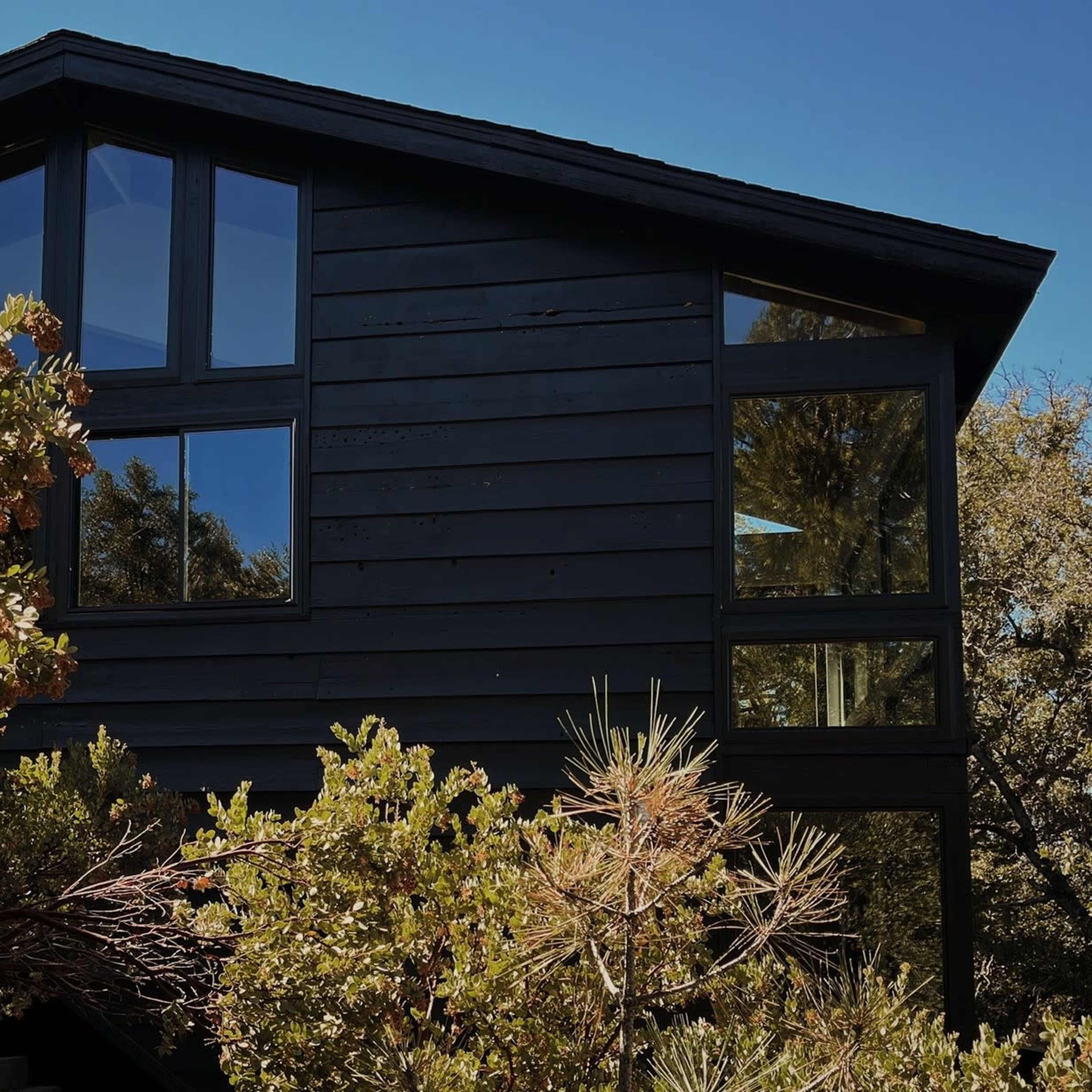 A modern black house with large windows is surrounded by green foliage.