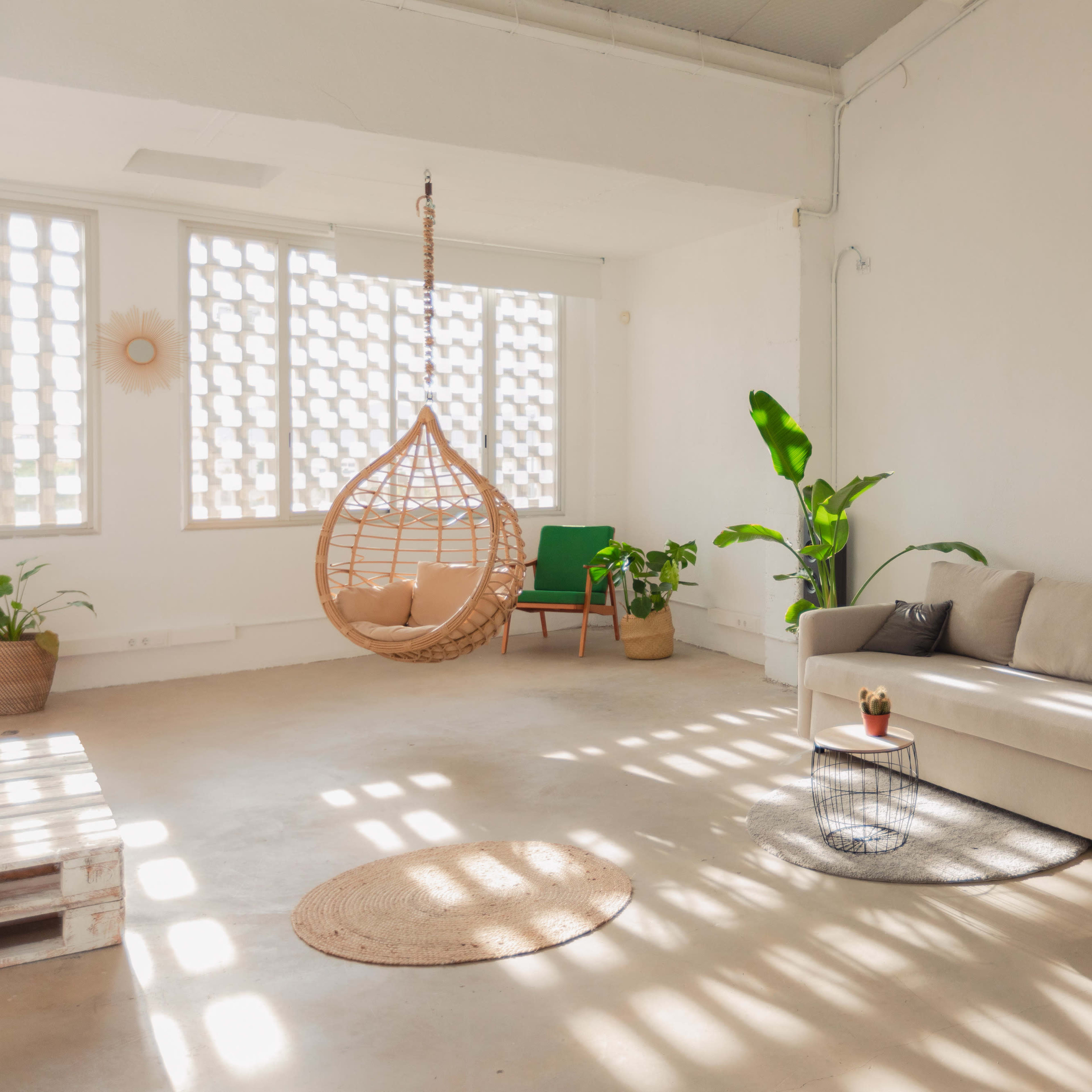 A bright, minimalist living space featuring a beige sofa, a hanging rattan chair, and several potted plants.