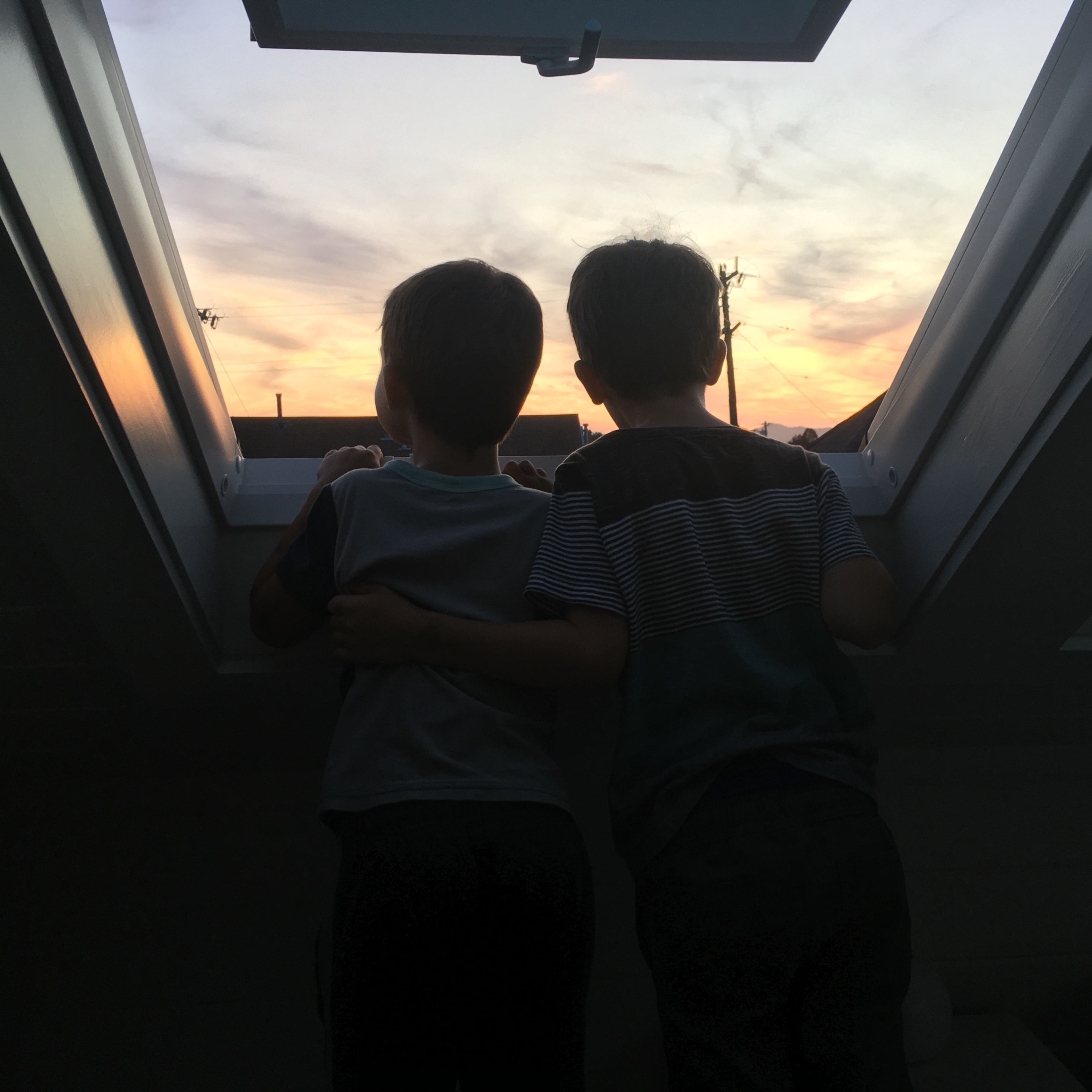 Two boys stand side by side, looking out of a skylight at a colorful sunset.