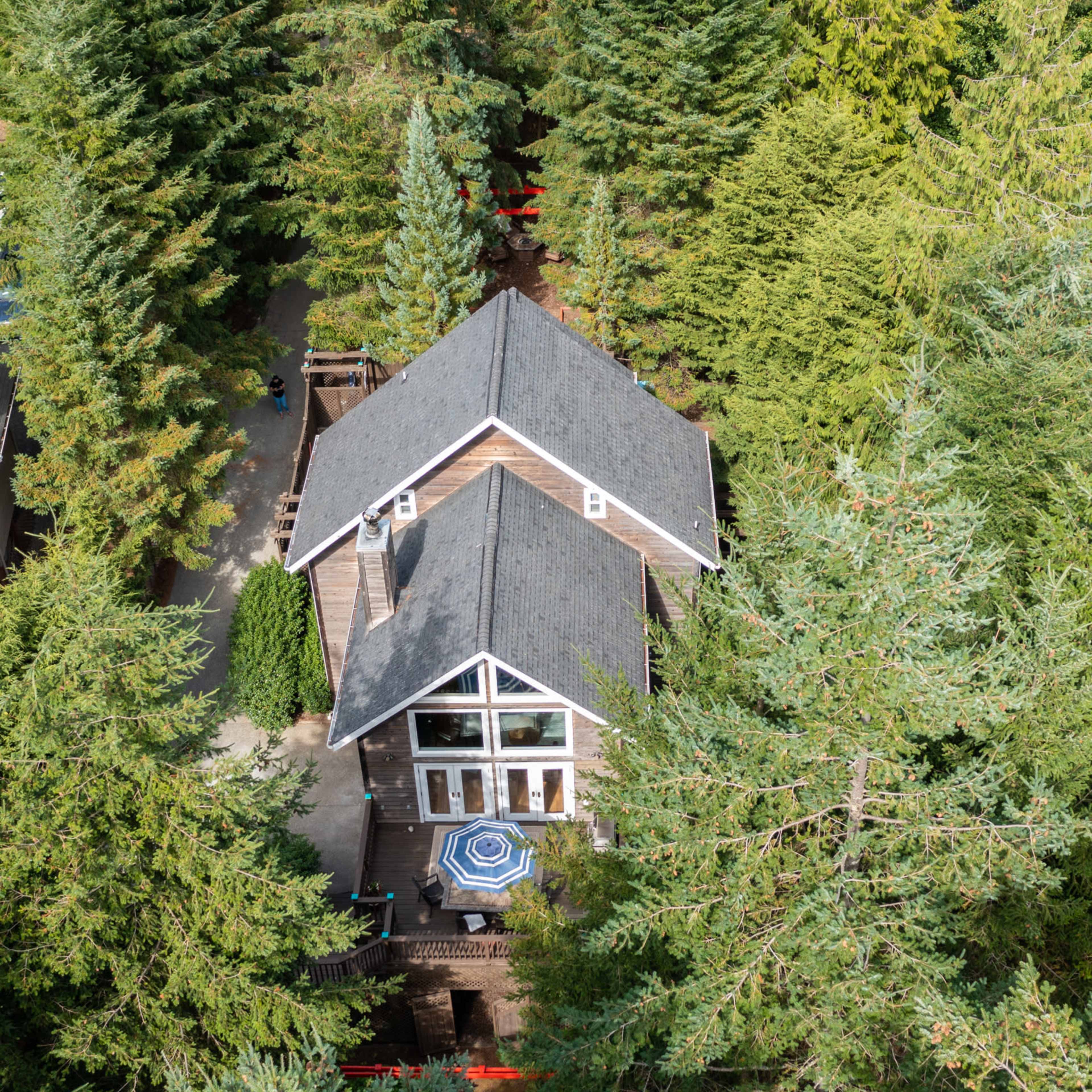 A house with a distinct roof design is surrounded by dense green trees in a wooded area.