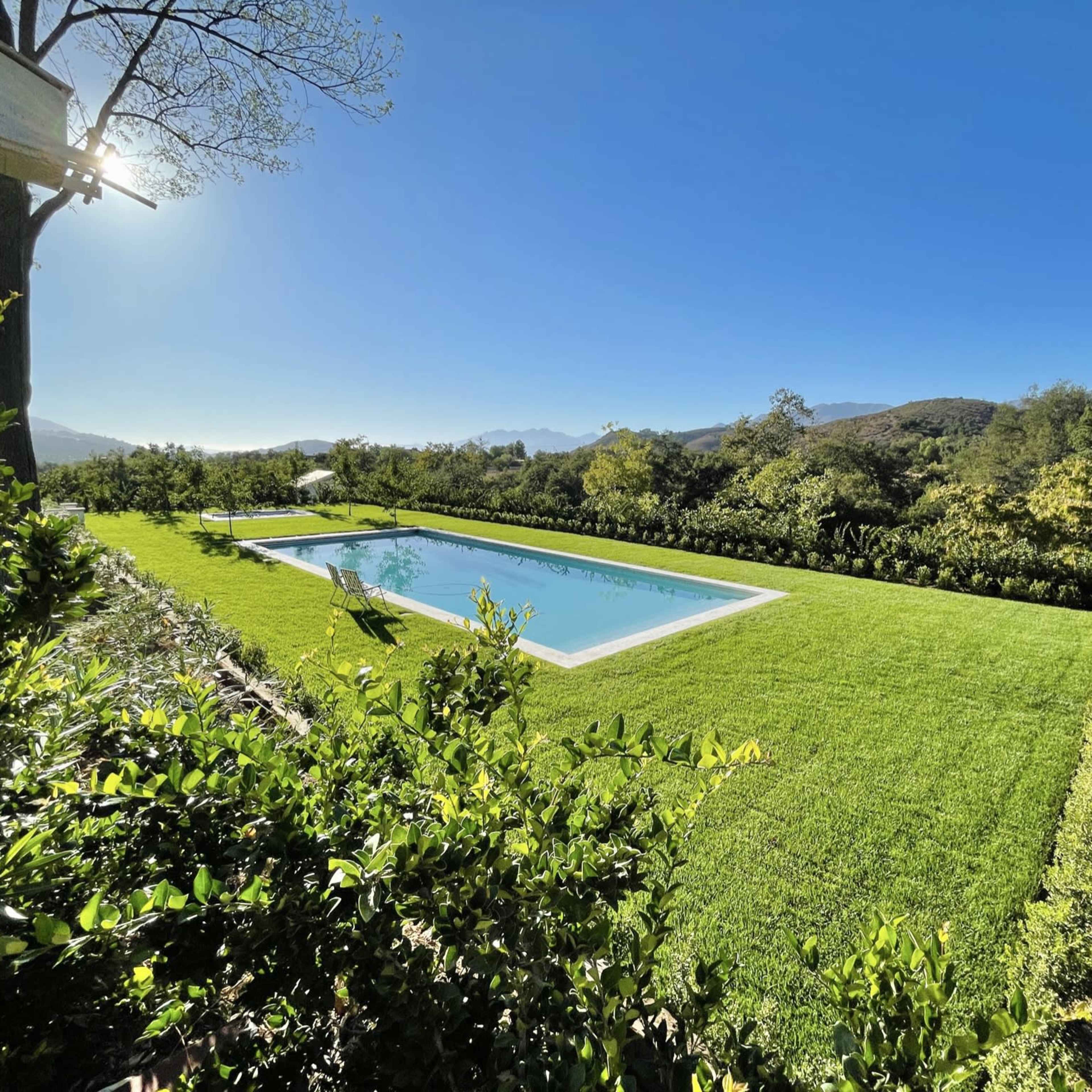 A rectangular swimming pool surrounded by lush green grass and neatly landscaped gardens under a clear blue sky.