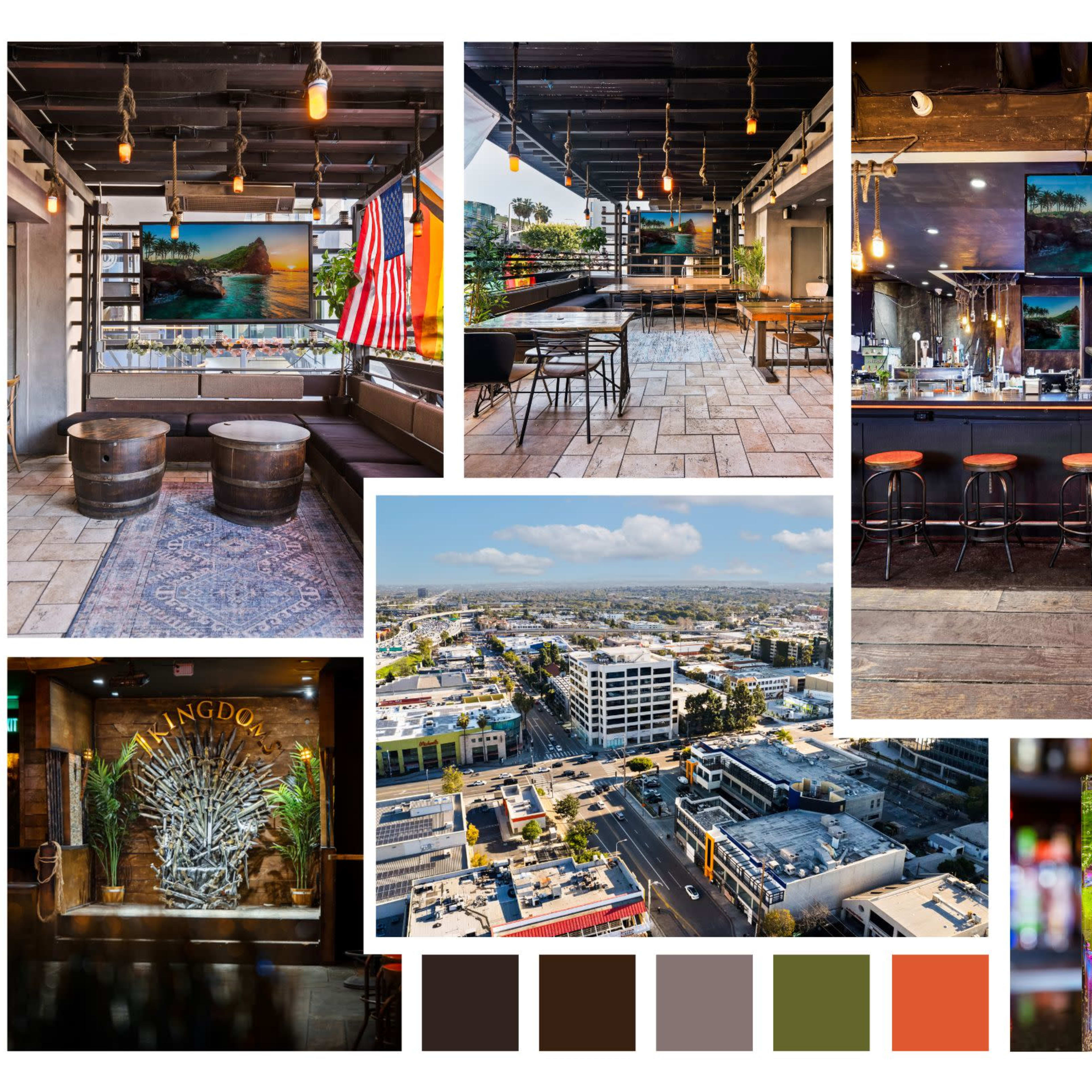 A collage of a modern bar and lounge with a sleek interior, outdoor seating, and various views of the surrounding area, including a cityscape.
