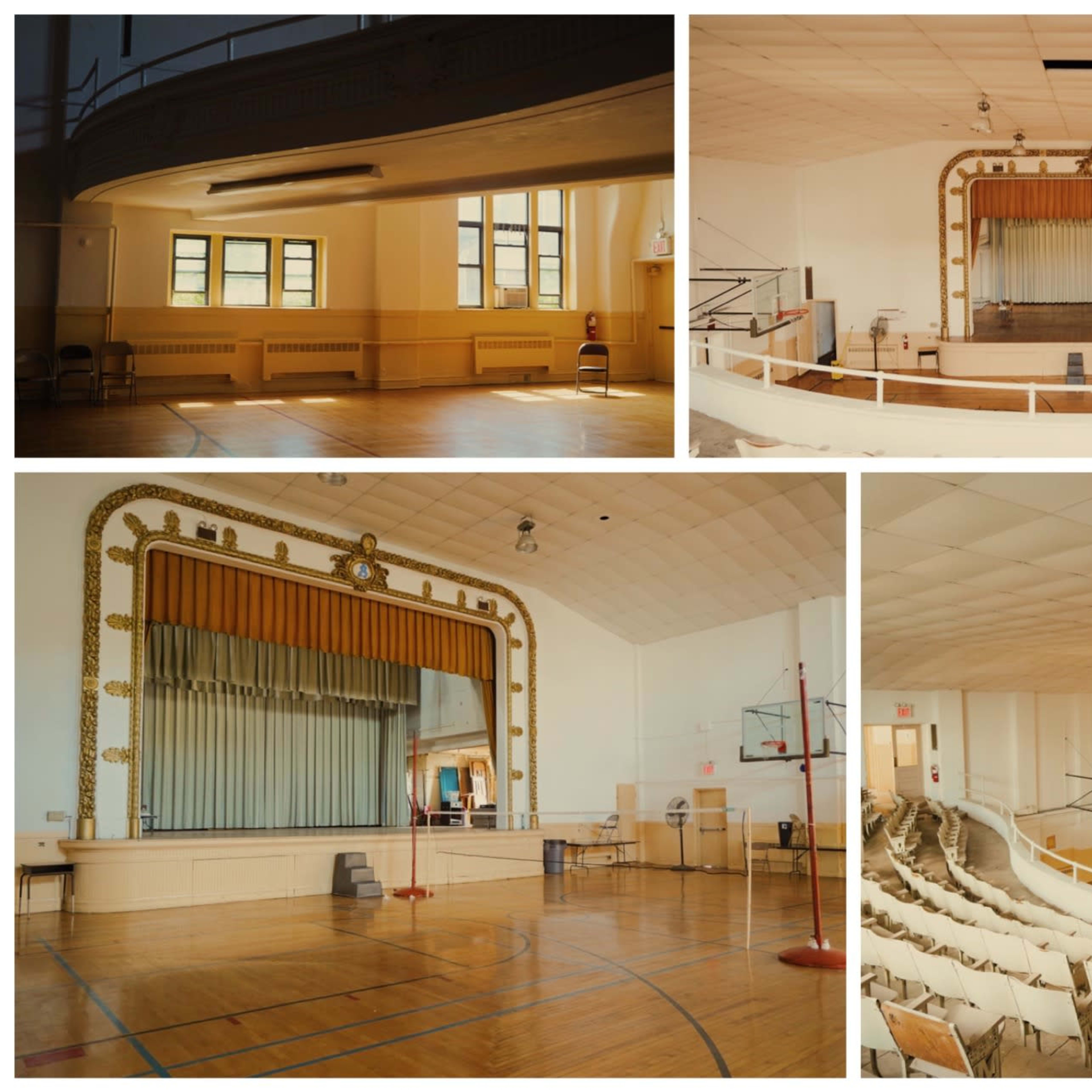 An empty gymnasium with a stage, seating areas, and basketball equipment, featuring ornate decorations and bright lighting.